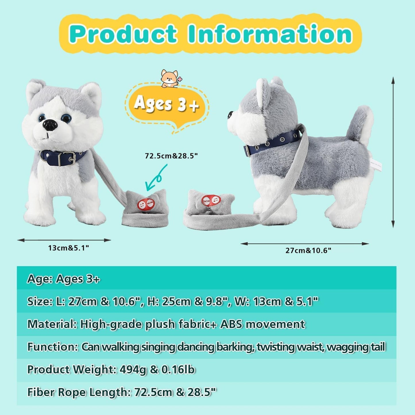 Marsjoy Husky Walking Dog Toy Musical Singing Dancing Plush Interactive Puppy with Leash Robot Plush Stuffed Animal Shaking Toy for Boys Girls