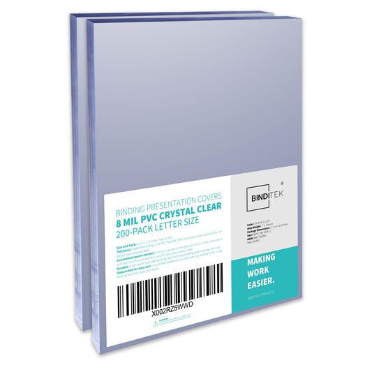 Binditek 200 Pack 8 Mil PVC Clear Binding Covers, 8.5 x 11 Inches, Letter Size, Square Corners, Un-Punched, Office Supplies