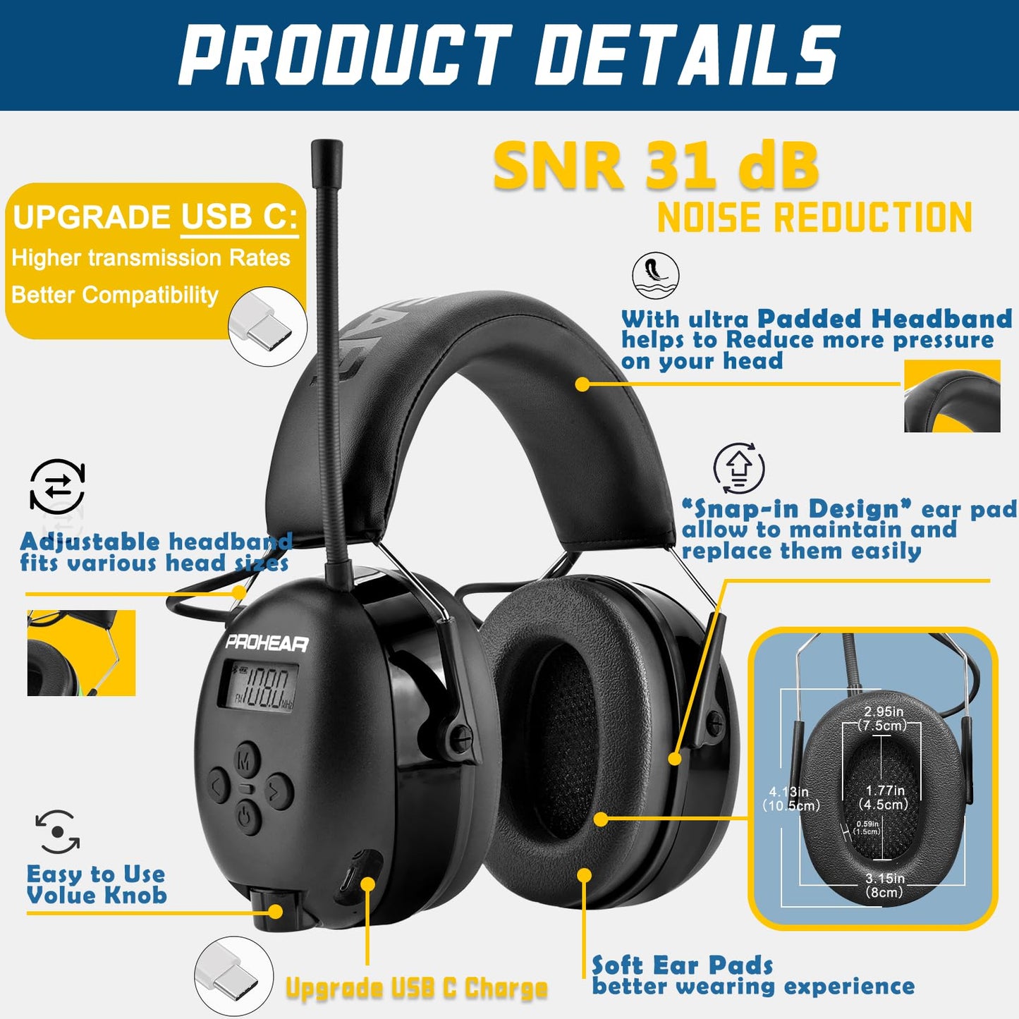 PROHEAR 033 AM FM Bluetooth 5.4 Radio Headphones - USB C Rechargeable 2000mAh Battery - Radio Headset Hearing Protection 31dB SNR - 48Hrs Playtime - Ear Protector for Mowing Lawn, Gifts for Father