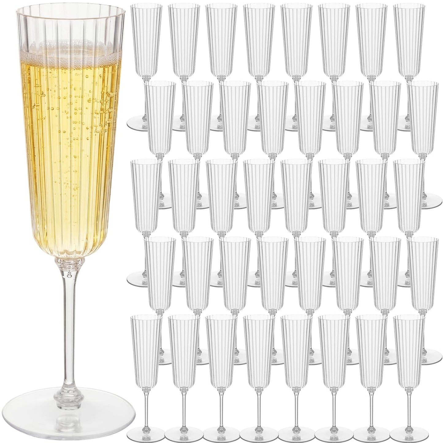 Jingmore 48 Pcs Plastic Ribbed Champagne Flutes With Stem, 6.4 oz Clear Vintage Disposable Champagne Glasses for Wedding Birthday Anniversary (Clear)