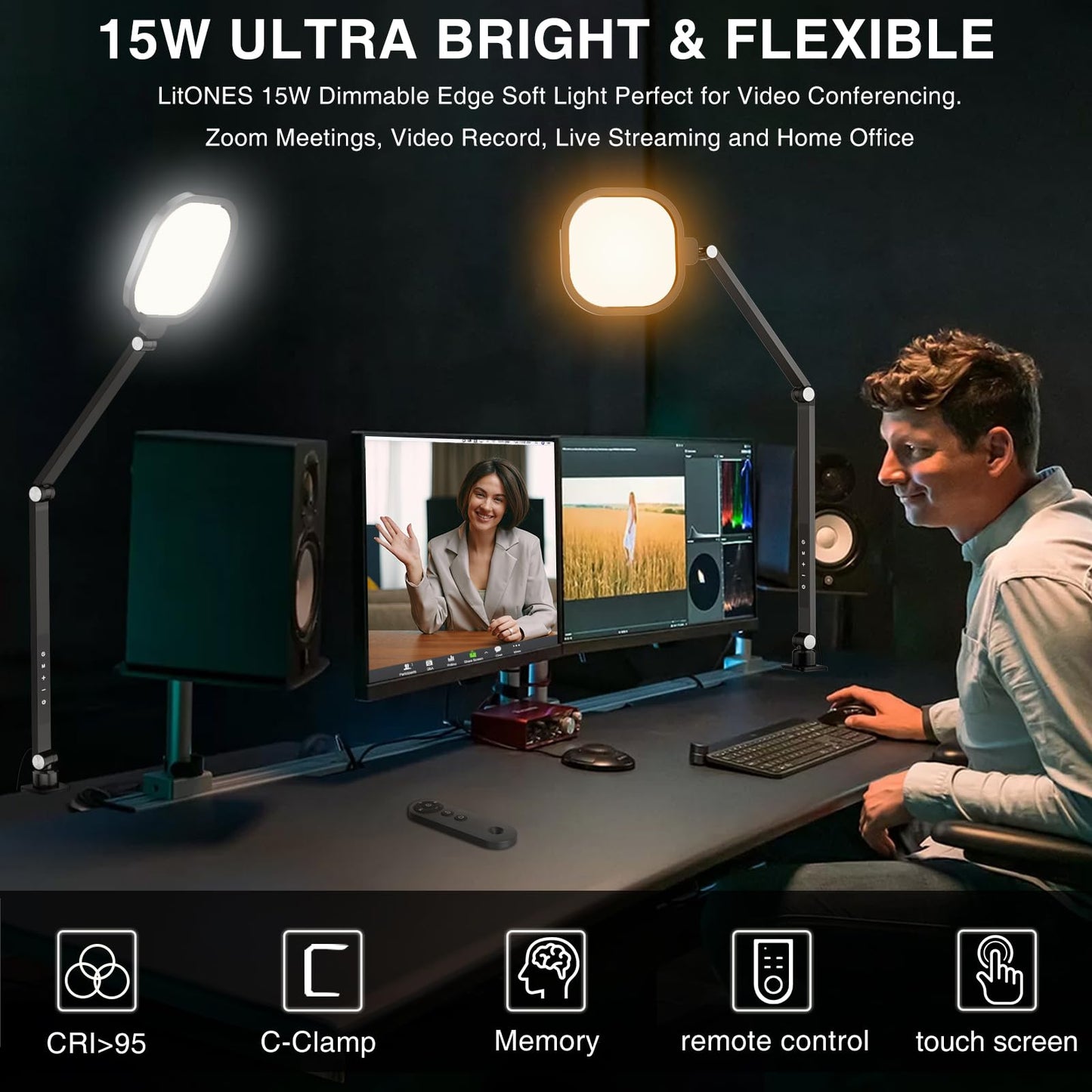 LitONES Video Conference Light for Computer, Dimmable Zoom Lighting for Home Office, Video Calls, Meeting, Laptop & Webcam, 15W Swing Arm Desk Lamp with C- Clamp, Remote, Memory & Timer CRI >95