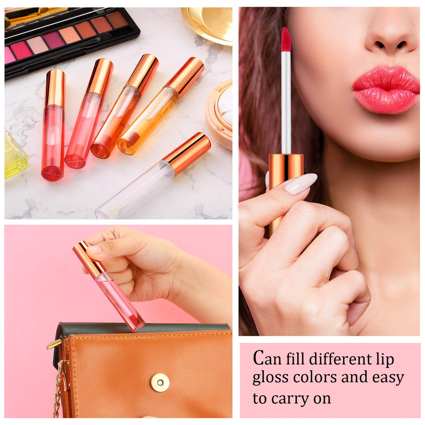 Nuanchu 100 Pcs 10 ml Empty Lip Gloss Tubes Clear Mini Refillable Lip Balm Gloss Containers Bottles Plastic Lip Gloss Containers Lip Gloss Tubes with Wand and Rubber Inserts DIY Makeup (Rose Gold)