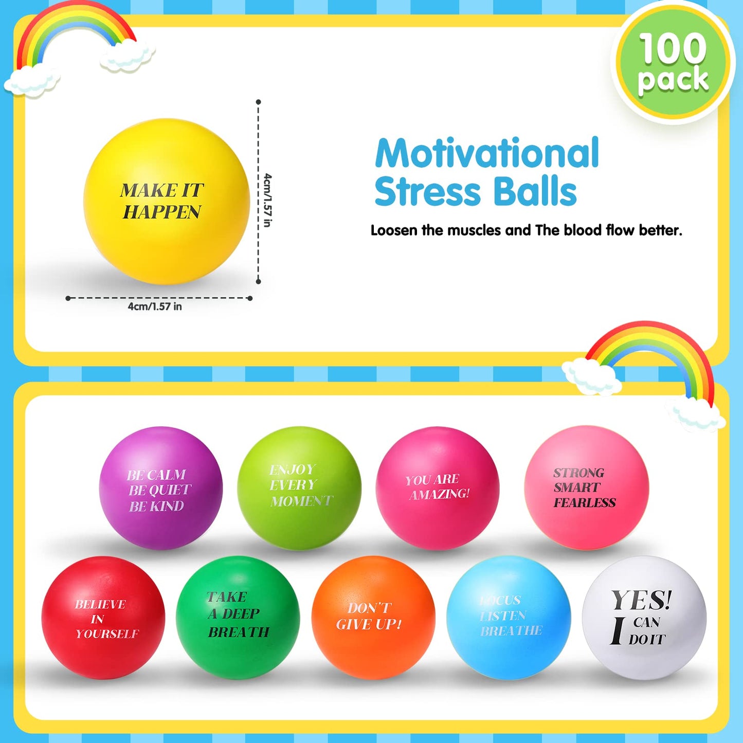 Sotiff 100 Pieces Motivational Stress Balls Colorful Foam Inspirational Relief Quotes Stress Balls Pack Employee Appreciation Gift for Relief Encouraging(One Size)