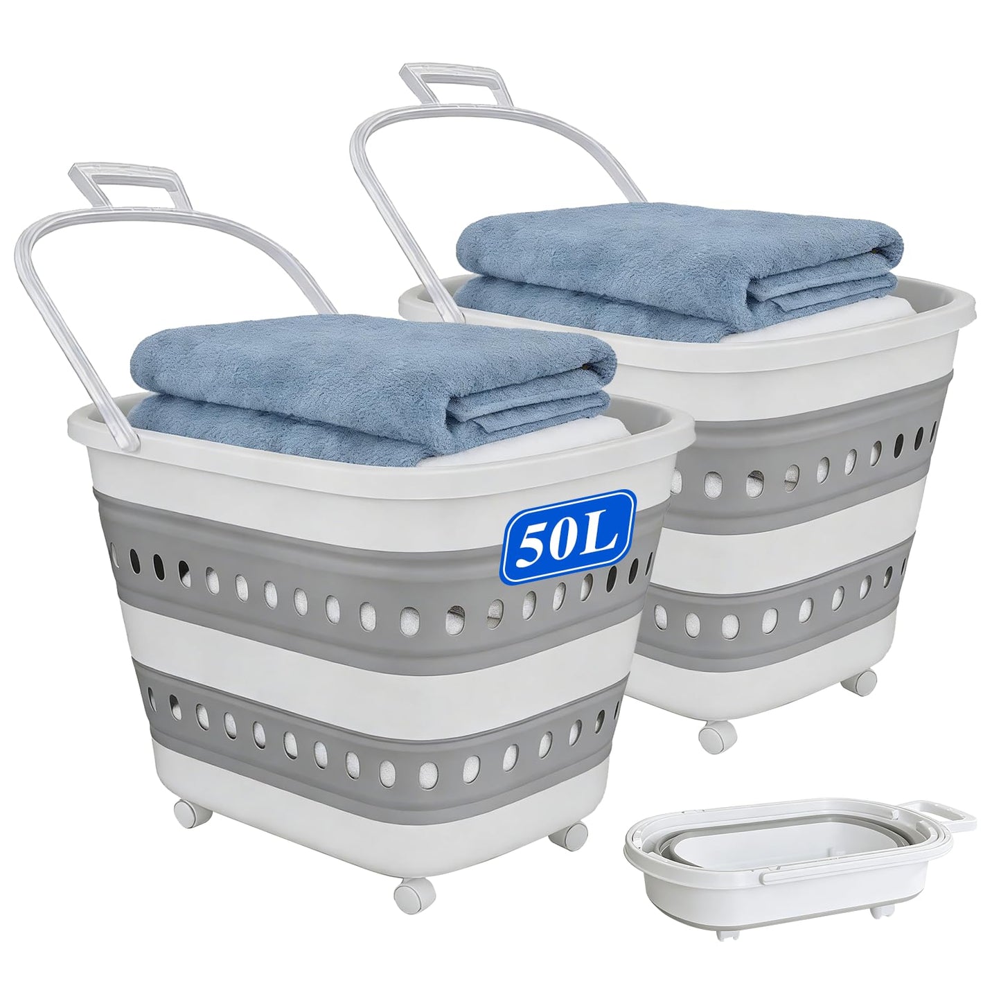 50L Collapsible Plastic Laundry Basket Hamper with Wheels, Foldable Laundry Basket with Handles, Pop Up Storage Container Organizer for Washing Storage