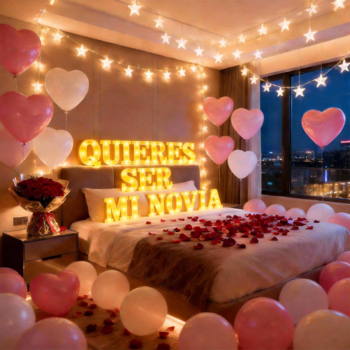 Quieres Ser Mi Novia Light Up Letters Proposing Decorations Set Includes 14 LED Light Letters and 1000 Rose Petals Valentine's Day Ornaments