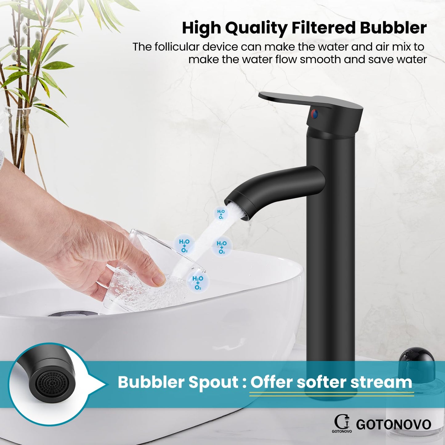 gotonovo Vessel Sink Faucet Modern One Hole Bathroom Faucet Deck Mount Lavatory Vanity Single Handle Mixer Tap with Water Supply Hose and ABS Pop Up Drain Matte Black