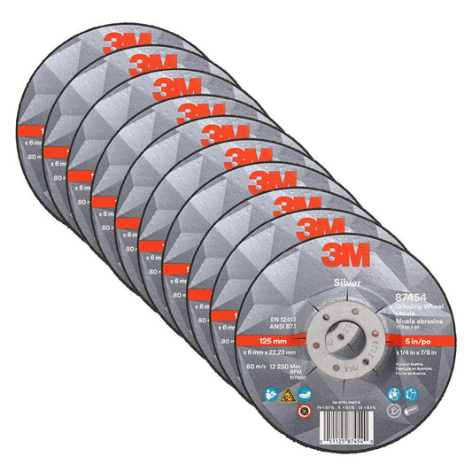 3M Silver Depressed Center Grinding Wheel, 87454, T27, 5 in x 1/4 in x 7/8 in, Pack of 10, Deburring Edges, Heavy Stock Removal, Stainless Steel, Mild Steel, Right Angle Grinding