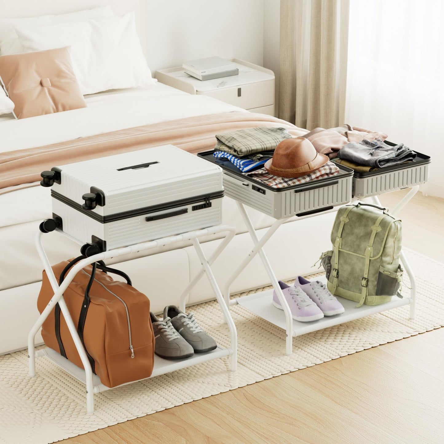 AMHANCIBLE Luggage Rack, Set of 2, Foldable Suitcase Stands for Guest Room, Metal Luggage Holder with Storage Shelf for Bedroom, Hotel, Easy Assemble, White HLR02WT