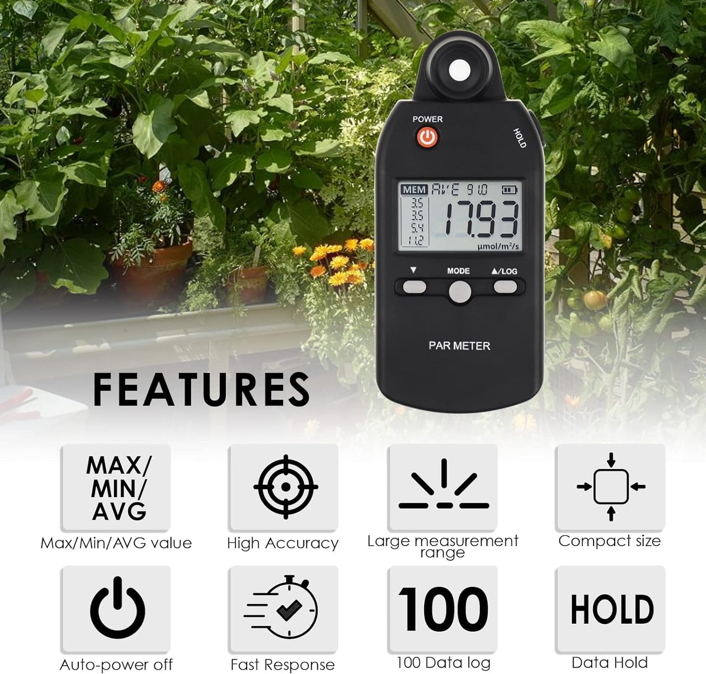 Quantum PAR Meter for LED Grow Light Full Spectrum PPFD Meter High Precision Quantum Sensor, Light Meter for Plants, Greenhouse and Farming Lux Meter Tester 400-700nm