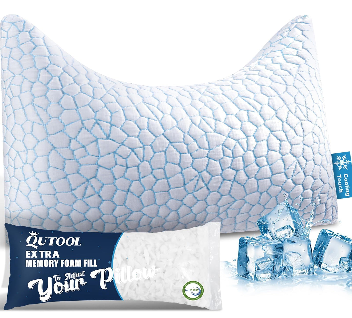 QUTOOL Side Sleeper Pillow for Adults, Adjustable Crescent Pillow with Shredded Memory Foam, Double-Sided Cooling Cover, Curved Bed Pillow for Neck and Shoulder Support, Extra 200g Fill, Queen 1 Pack