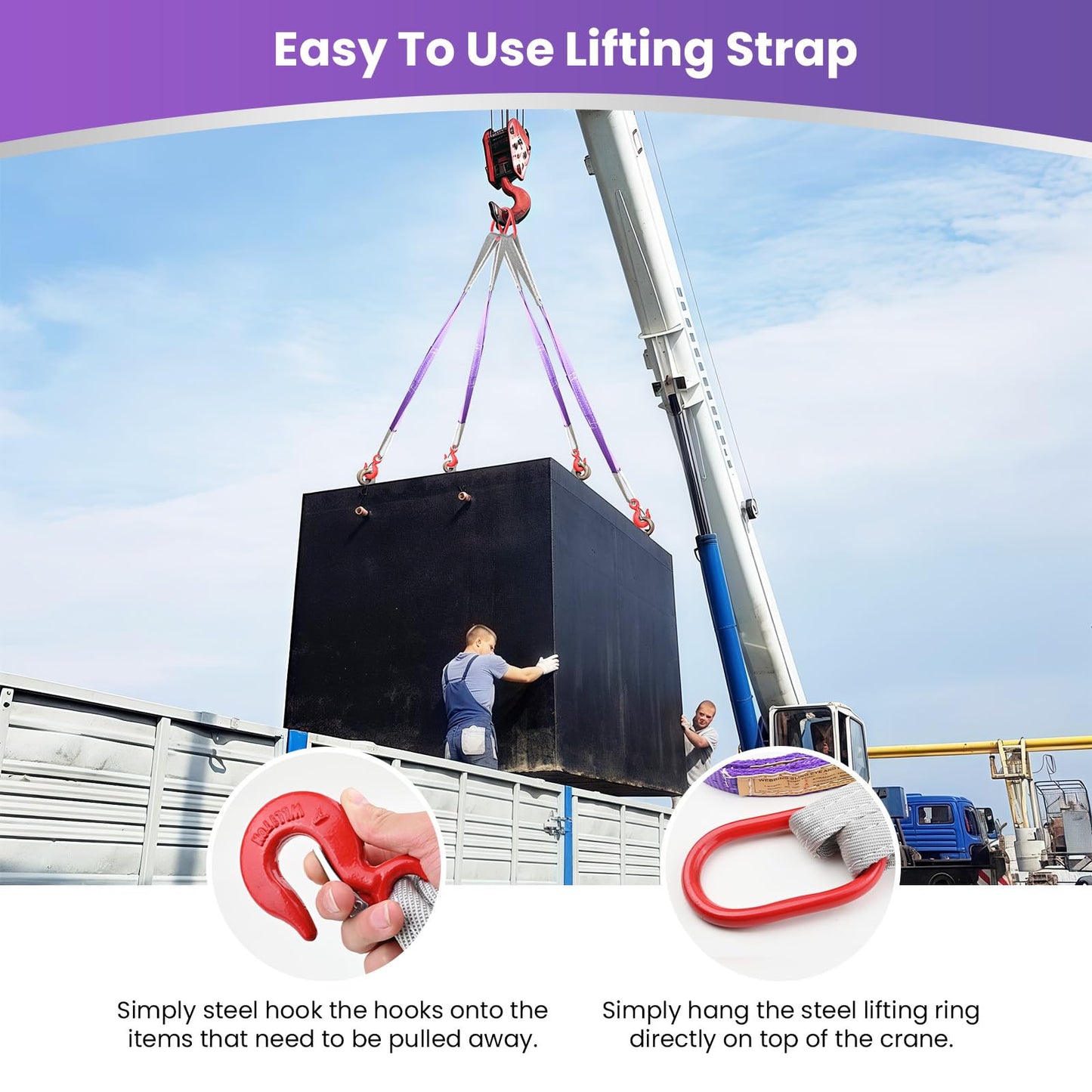 2 PCS Lifting Slings Straps with Hooks - 3.3 FT, 4409LB Pounds Capacity, Polyester Bridle Sling, Heavy Duty Two Leg Rigging Strap for Engines, Cranes, Hoists, Truck, Purple