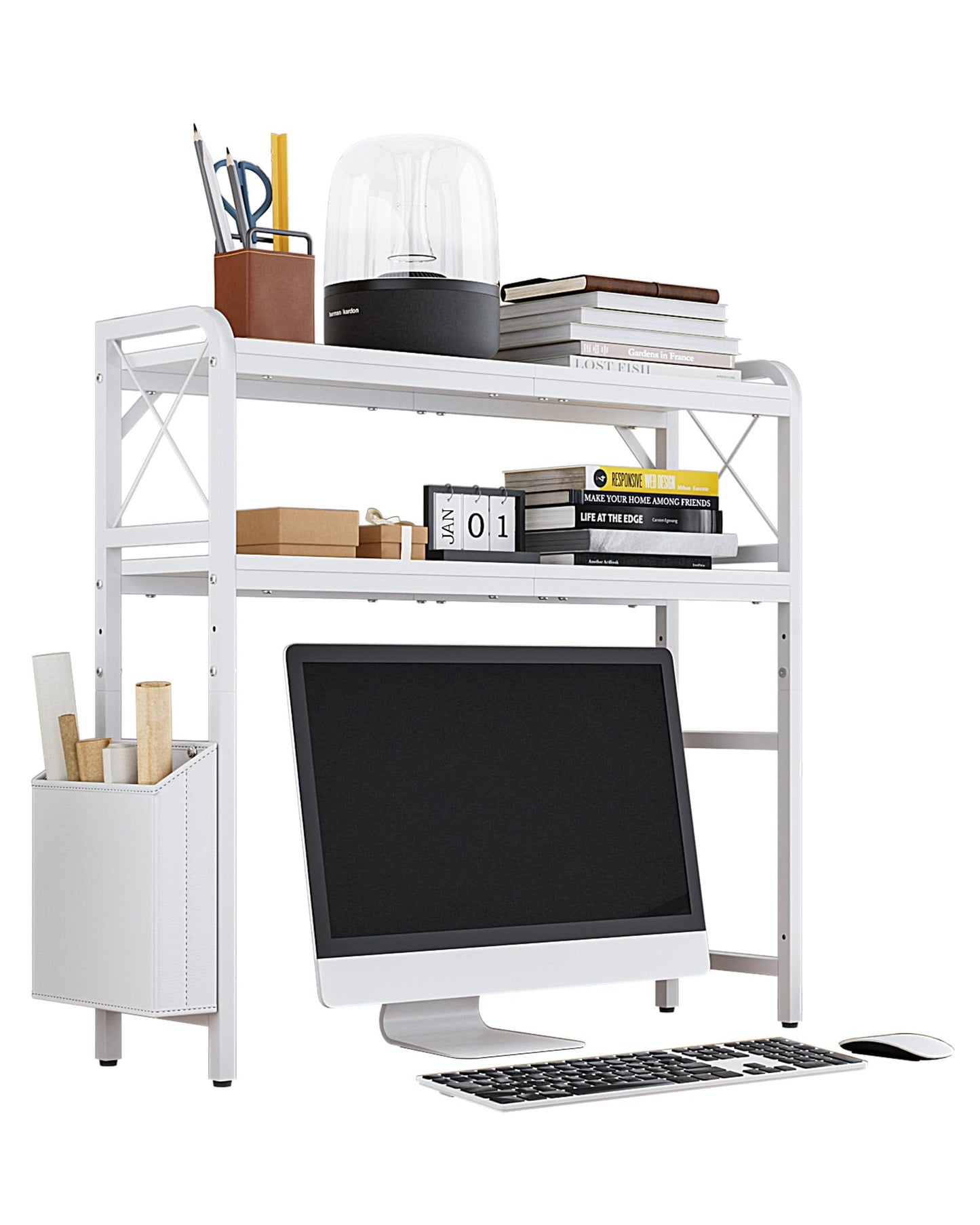 VERSASKY Desktop Shelves, Monitor Stand with Adjustable Shelves and Side Pockets, 2-Tier Desktop Bookshelf Organizer, Large Capacity Display Shelf Rack, Desk Hutch for Home Office, Study Room, White