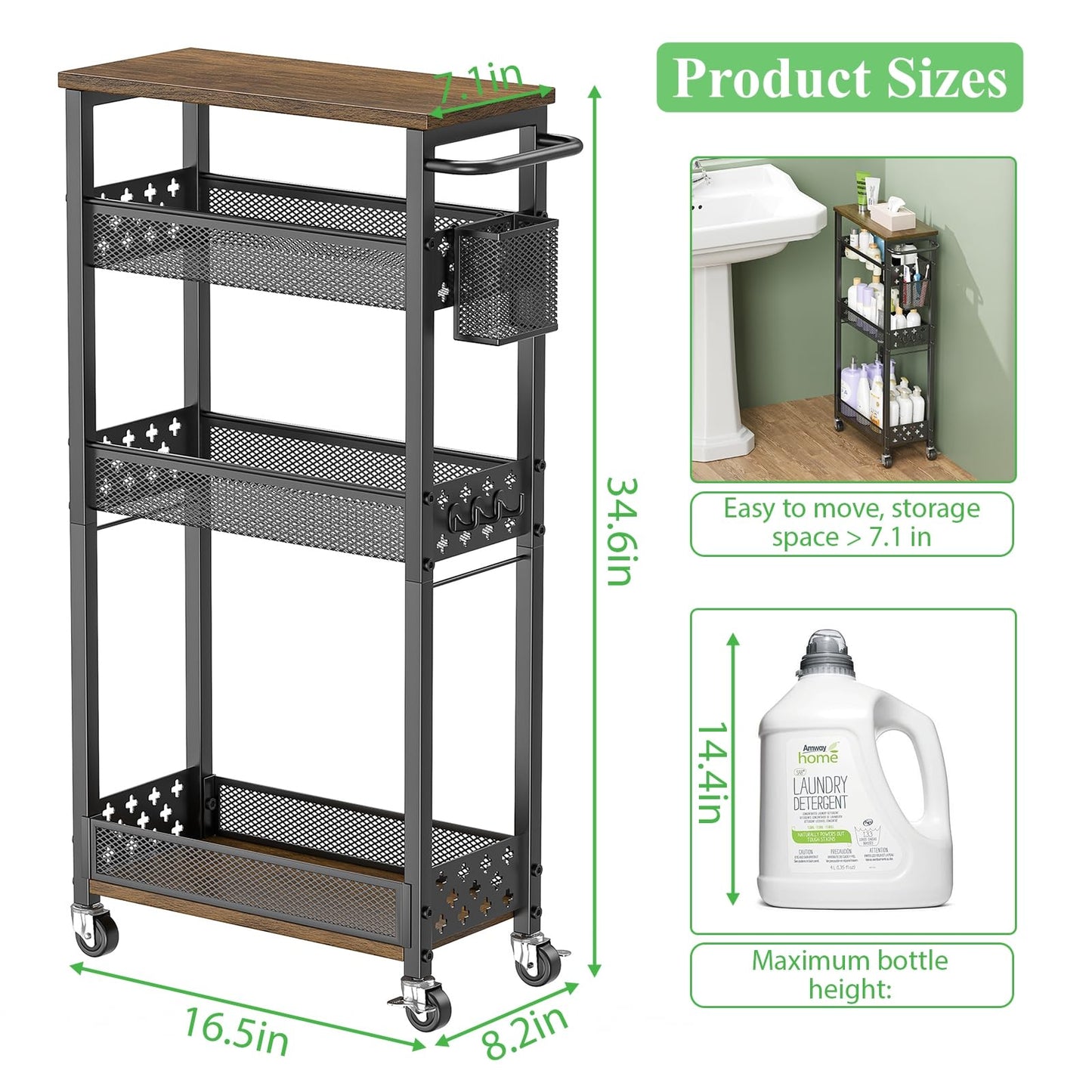 MJIMKE 4 Tier Slim Rolling Storage Cart on Wheels Laundry Room Organization