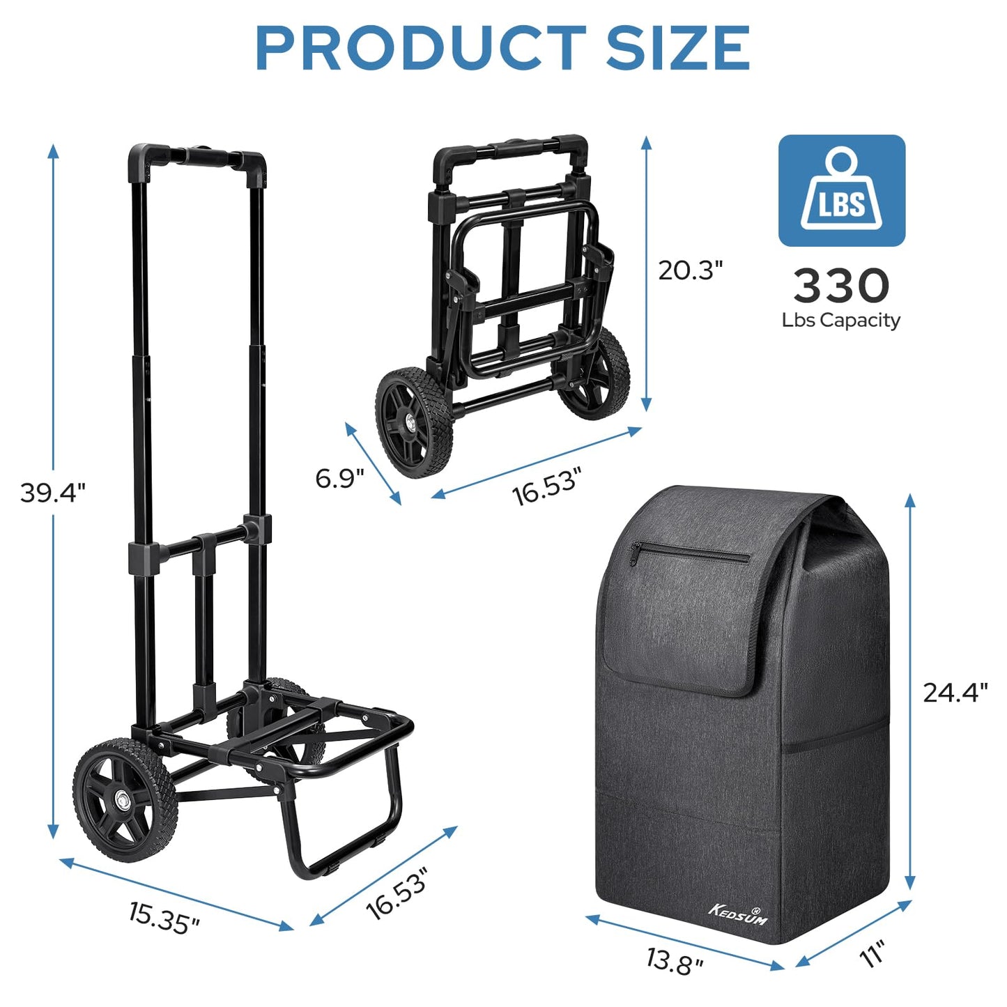 KEDSUM 2 in 1 Shopping Cart for Groceries, 330 lbs Grocery Cart on Wheels, Foldable Utility Carts with Wheels, Hand Truck with Waterproof Tote Bag for Shopping, School, Laundry, Craft Show, Black