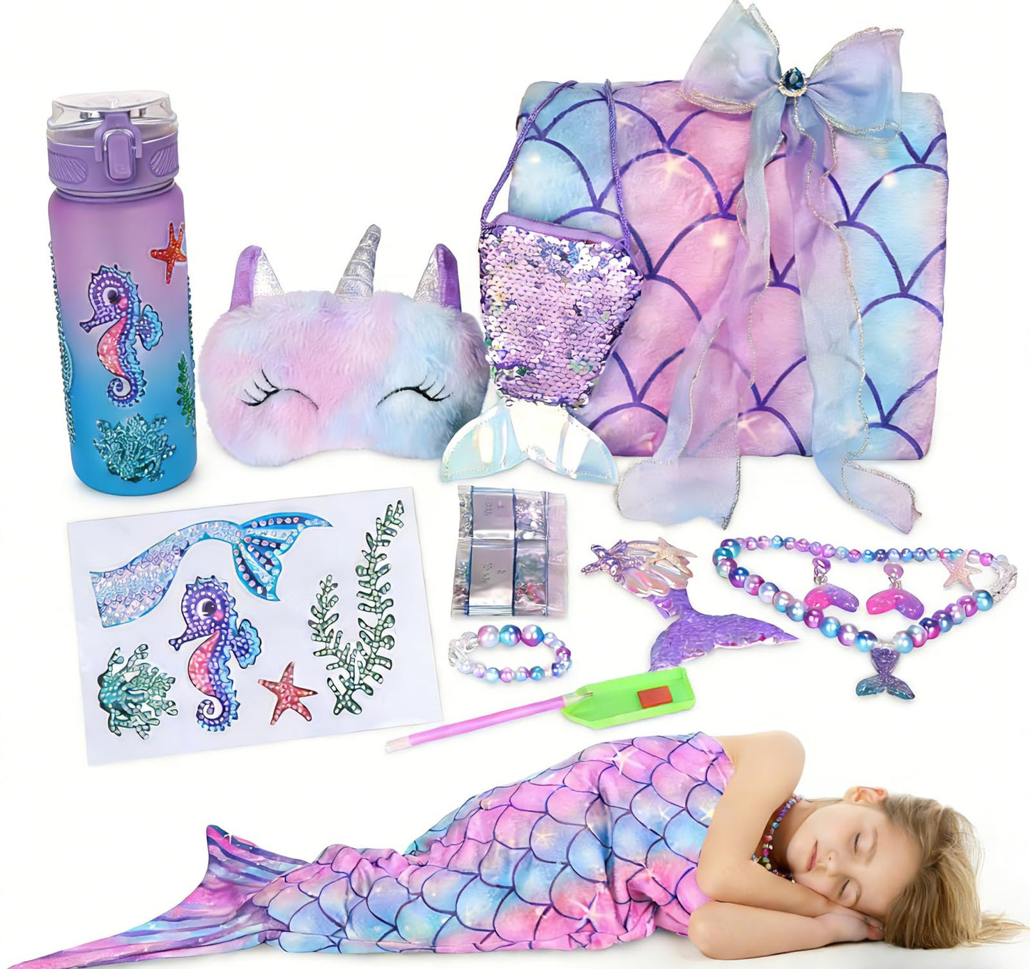 Mermaid Tail Blanket for Girls Valentines Easter Birthday Girl Gifts Diamond Art Kits with Soft Blanket and Water Bottle