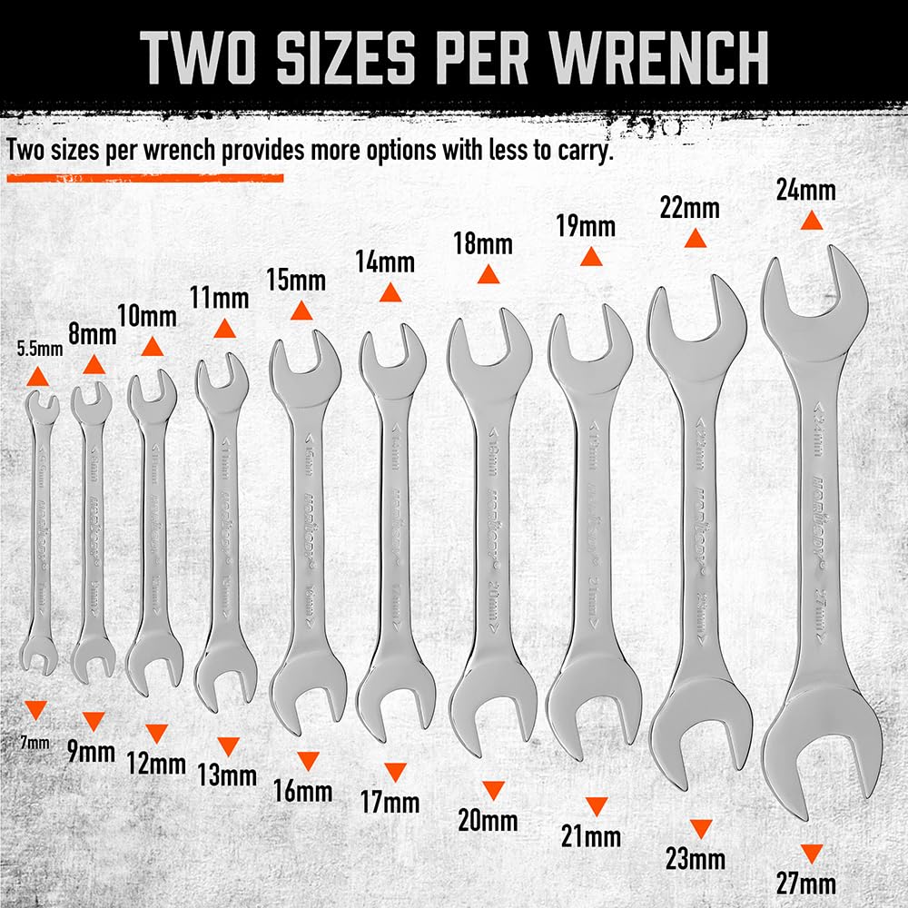 HORUSDY Thin Open End Wrench Set | Bike Wrench Set with Rolling Pouch | 19-Piece SAE & Metric | CR-V Steel | 1/4" to 1-1/16" & 5.5mm to 27mm for Mechanics