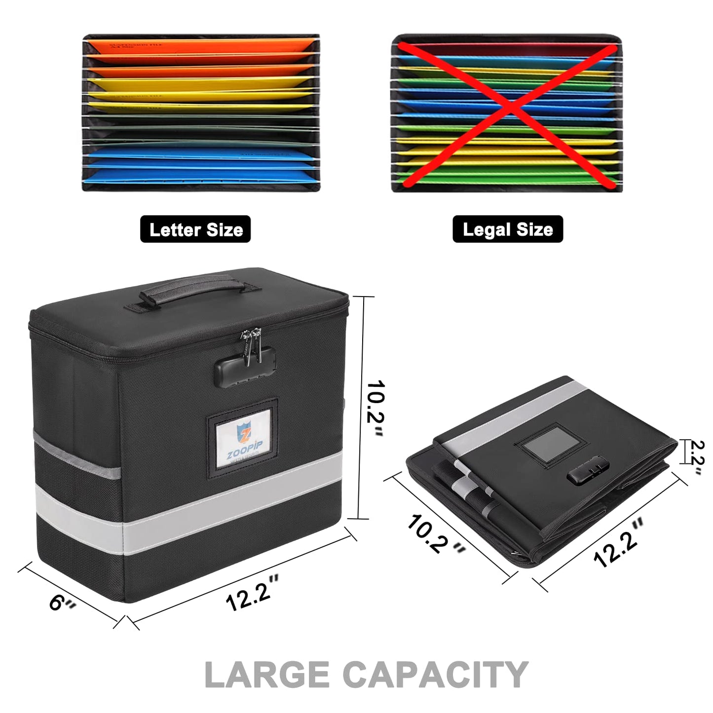 Fireproof File Box with Lock, Document Box Storage Organizer, Suitable for Hanging File Folders in Letter Size, Collapsible File Box, Reflective Strip for Fast Find (12.2"*6"*10.2 (Black, 2Pcs)