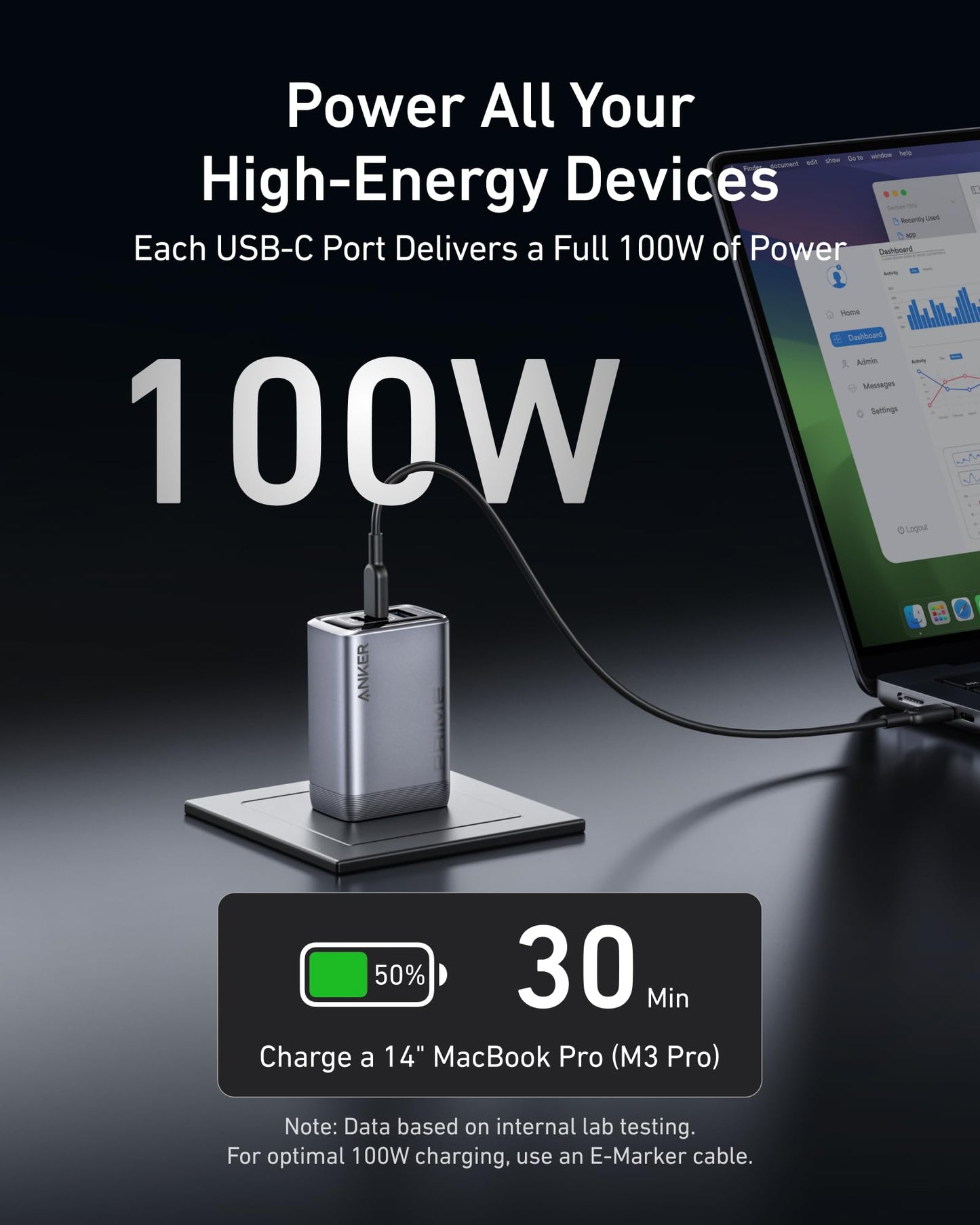 Anker Prime Charger, 100W 3-Port GaN USB C Charger Block, Foldable and Compact for MacBook, iPad, iPhone 17 Series, Galaxy S24/S23, and More