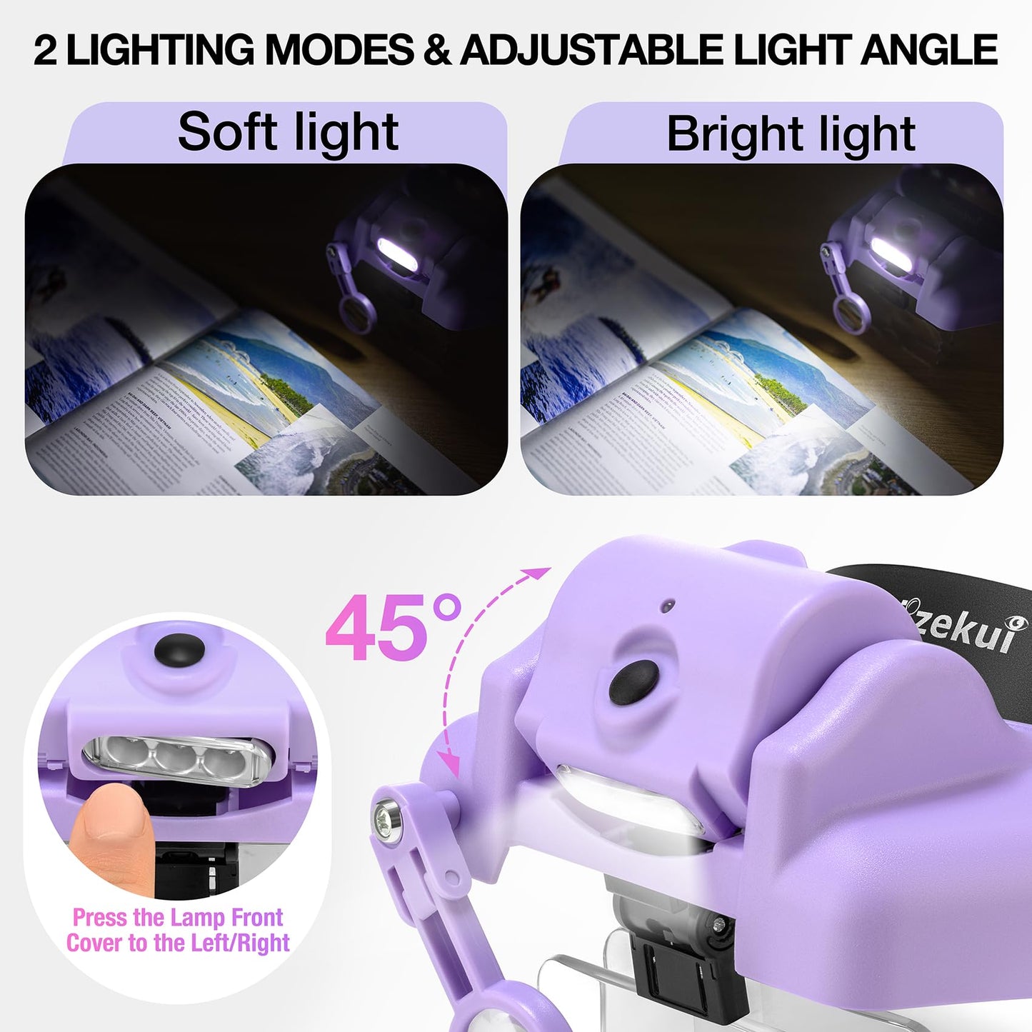 Dilzekui Magnifying Glass with Light, Magnifying Glasses for Close Work 1X-14X, Magnifier Headset with 2pcs Detachable Lights,Upgraded USB C Charge Built-in 500mAh Suit for Crafts Hobbies Cross Stitch