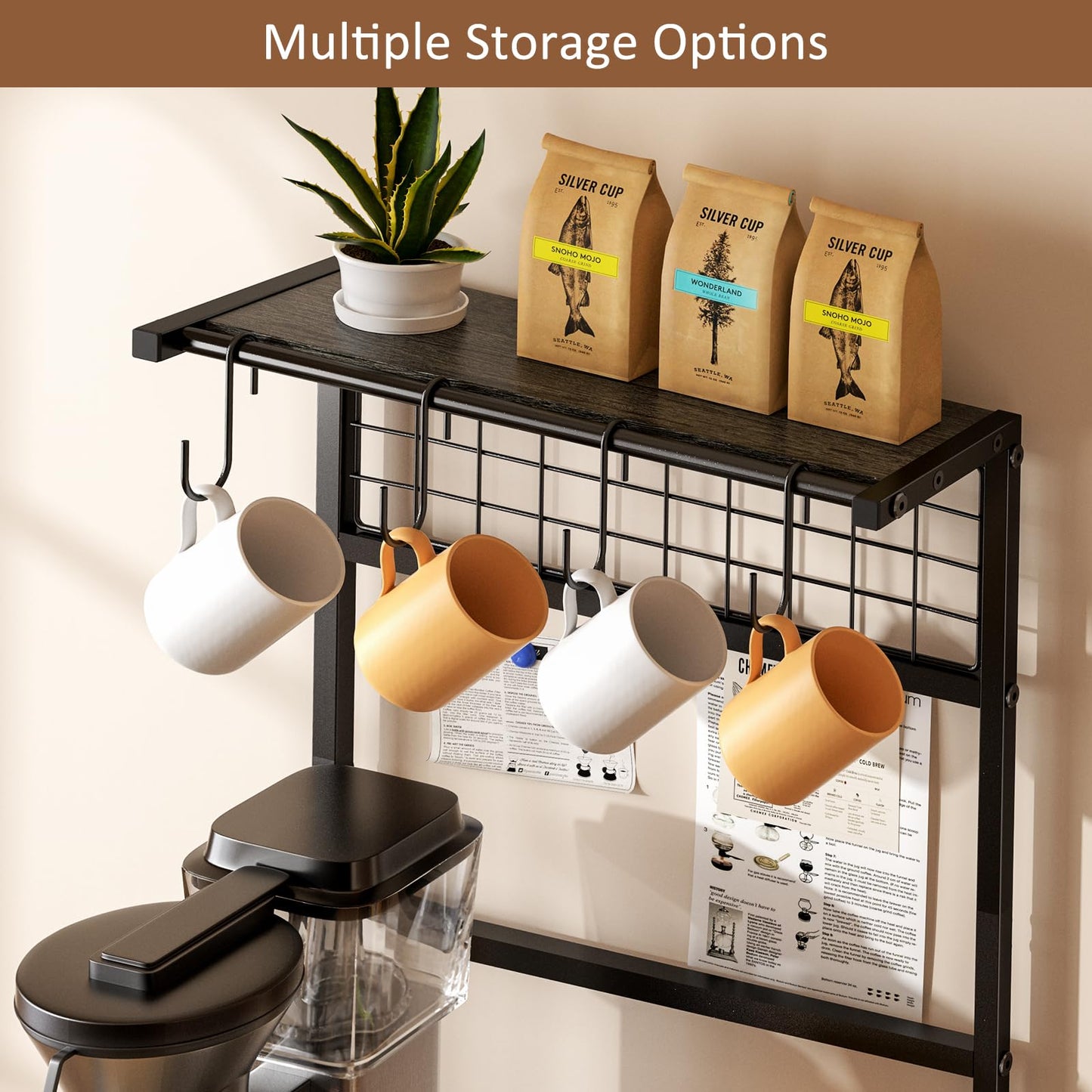 5 Tier Coffee Bar Station, Kitchen Stand with 4 S-Shaped Hooks, Farmhouse Corner Coffee Bar for Small Spaces, Bakers Rack for Kitchen, Entryway, Living Room, 13.43"D x 18.93"W x 53.31"H,Gray