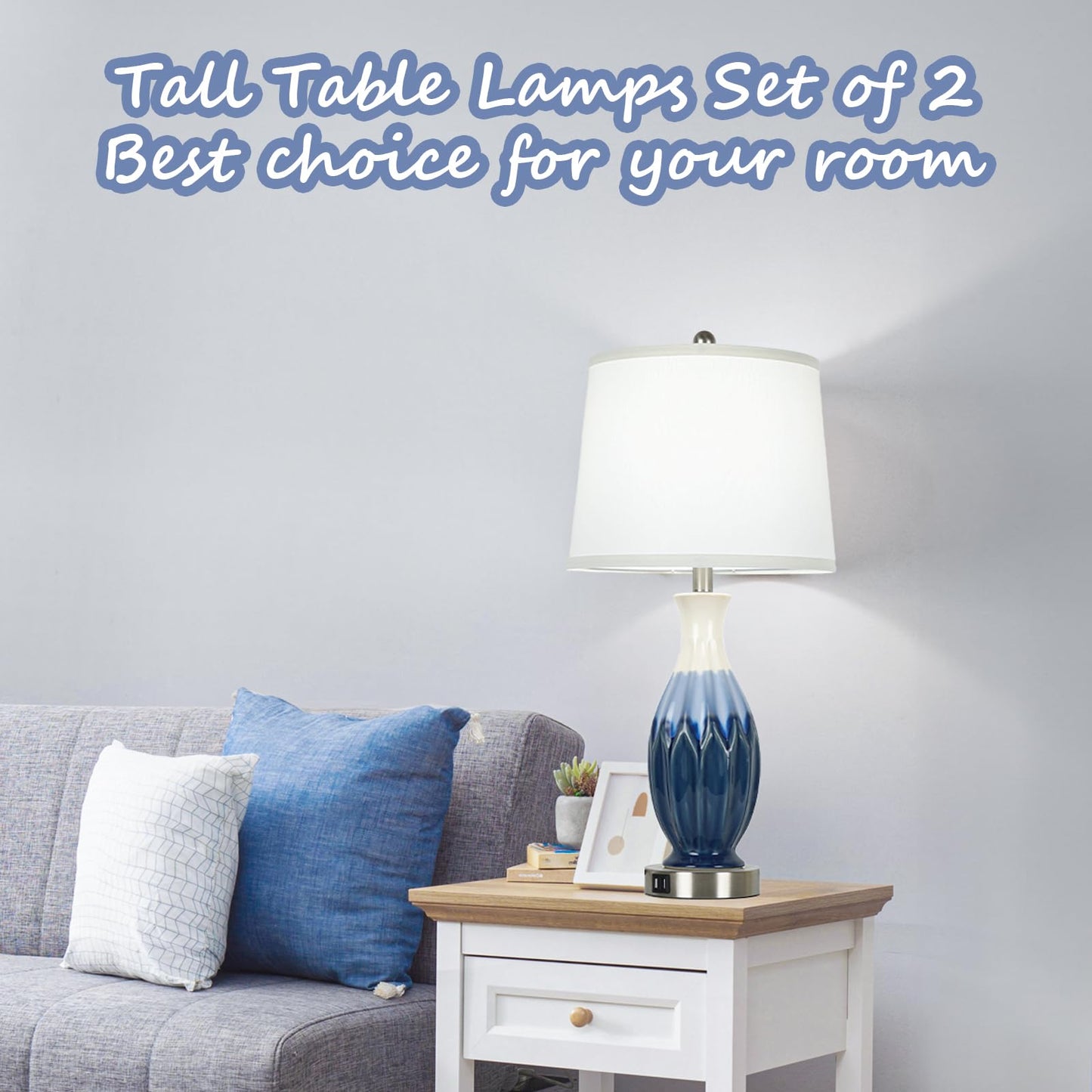 28” Tall Table Lamps Set of 2, Ceramic Navy Blue Bedside Lamps with USB Ports, Coastal Lamp with White Fabric Shade, Large Bedroom Table Lamps for End Table Living Room Nightstand