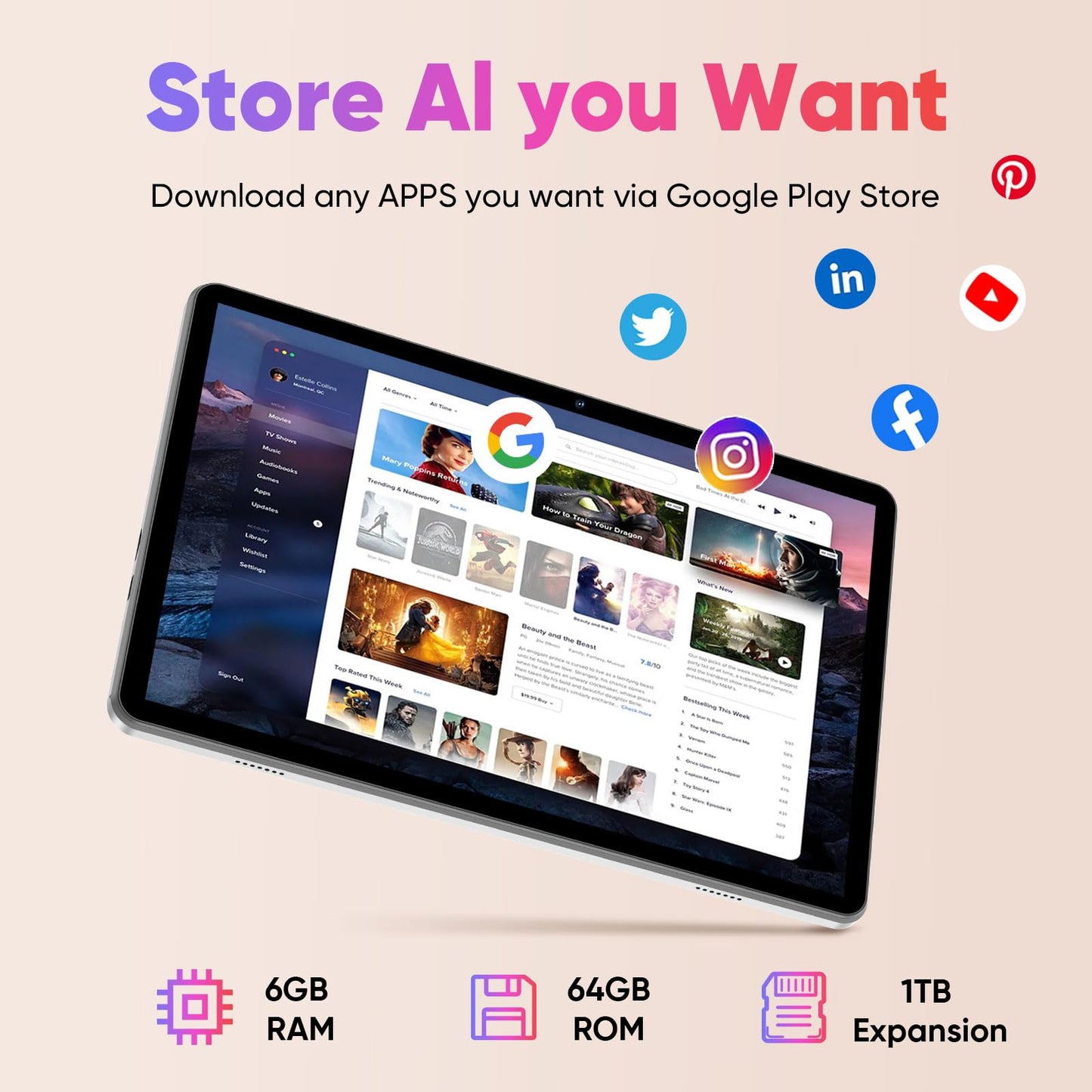 10 inch Android 14 Tablet, 6GB RAM 64GB ROM 1TB Expand, 2 in 1 Tablets with Keyboard, Case, Mouse, Stylus, 1280x800 IPS Touch Screen, WiFi 5, Bluetooth, Dual Camera, Tablet PC