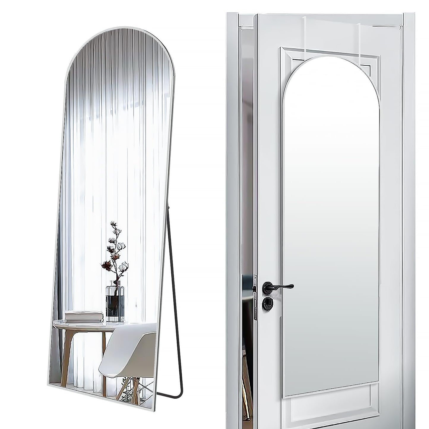 SCWF-GZ 57x20 Door Hanging Full Length Mirror, Floor (Height 5.7ft just Body in1.3ft) or Wall Mounted Metal Frame Arch Dressing Mirrors for Bedroom Bathroom Living Room 57 20 inch Silver