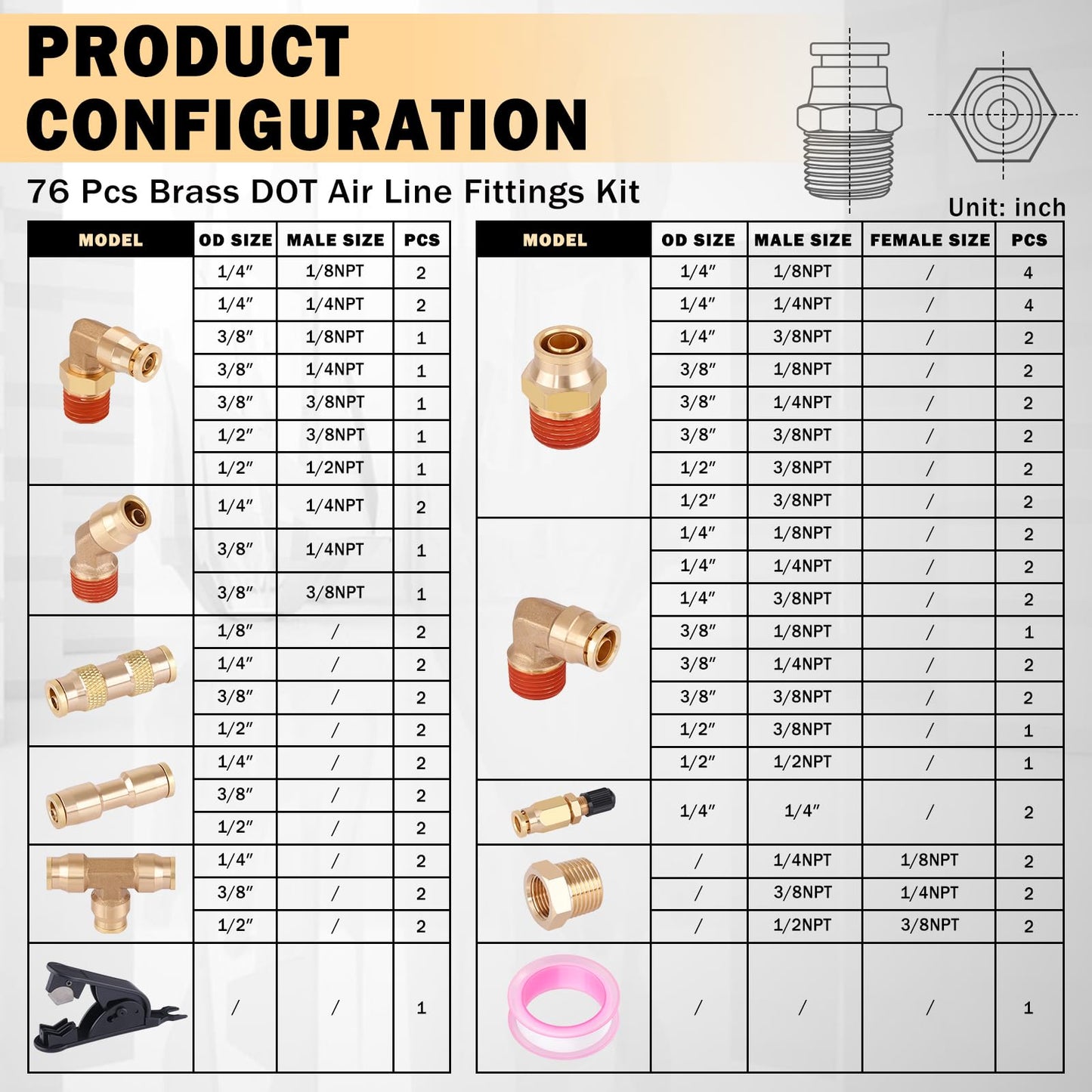CheeMuii 76 Pcs Brass DOT Air Line Fittings Kit Push Lock Air Fittings Push to Connect Fittings NPT Thread & Quick Connect Air Hose Fittings for DOT Air Line Air Hose Pneumatic Tubing
