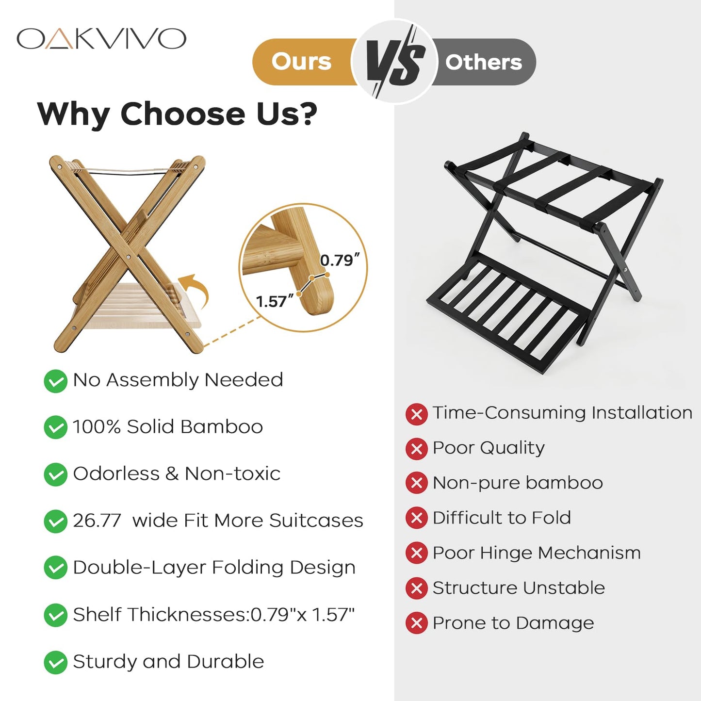 oakvivo Fully Assembled Luggage Rack, 26.77" Luggage Rack for Guest Room, Bamboo Folding Suitcase Stand with Storage Shelf, 5 Nylon Straps, Heavy Duty Luggage Holder for Bedroom Hotel, 1 Pack, Natural