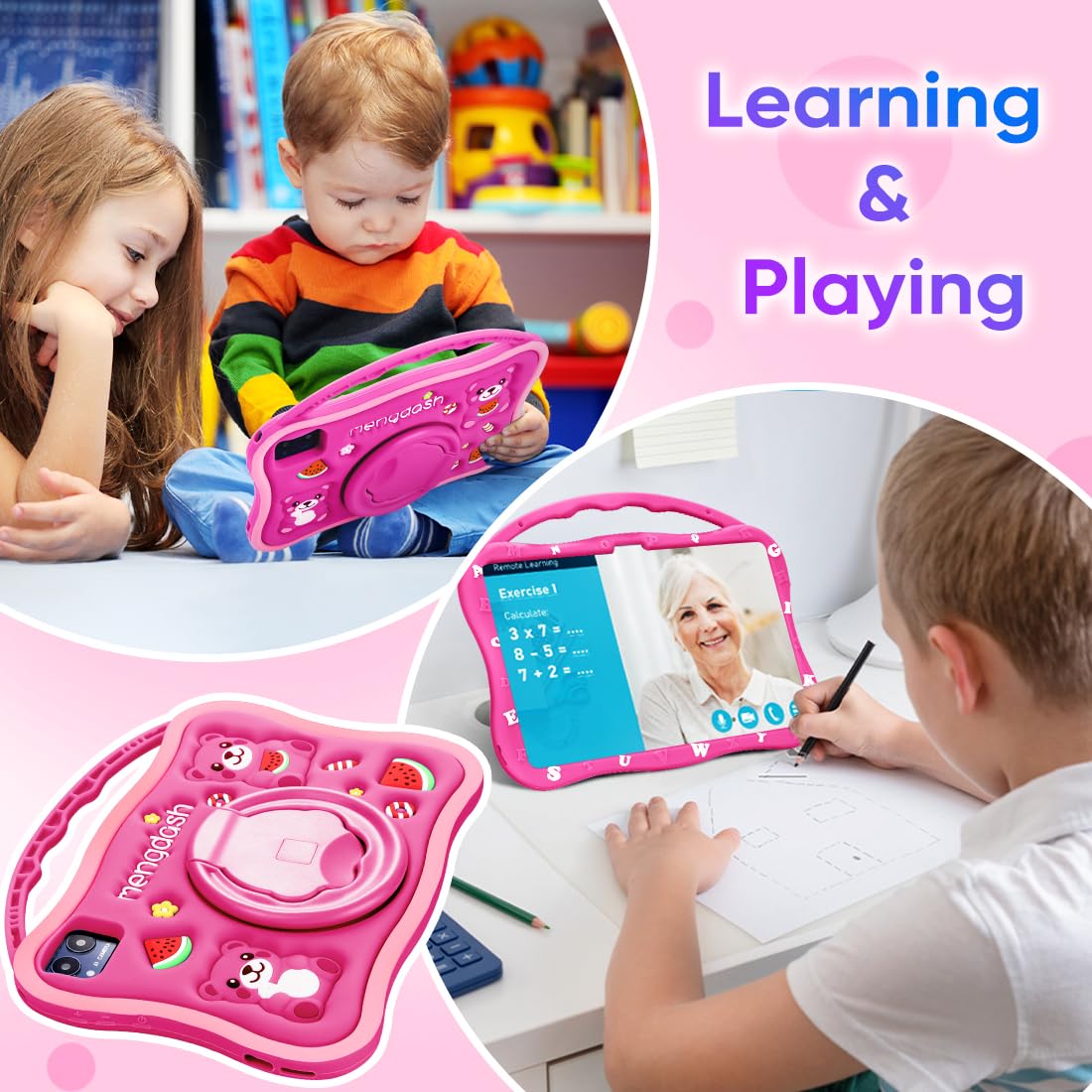 MengDash Kids Tablet, 10.1 inch Tablet for Kids 3-10, Educational Learning Toddler Tablet Android 14, 8GB RAM+64GB ROM Storage, 5G WiFi, Baby Girl boy Gift (Red)