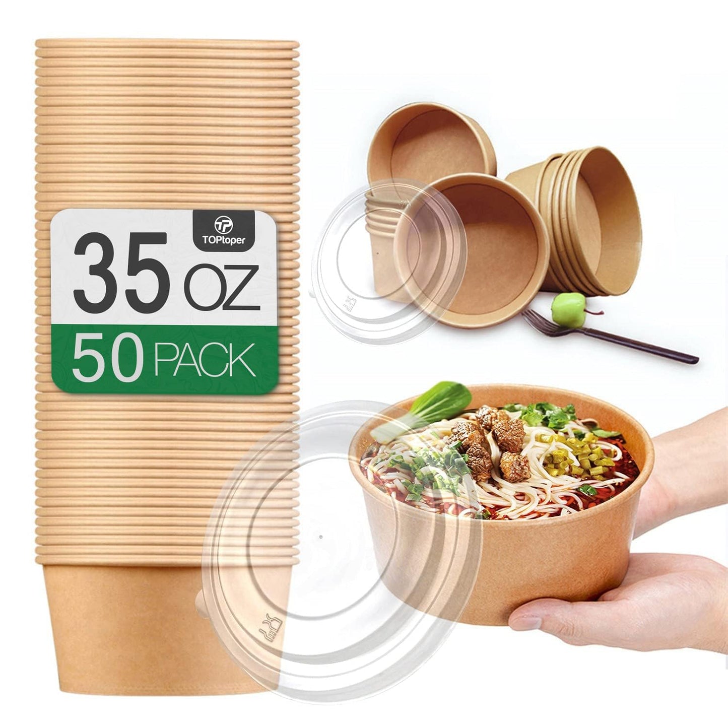 TOPtoper 50 Pack 35 Oz Large Paper Bowls with Lids, Heavy Duty Paper Bowls for Party, Disposable Bowls Bulk Leakproof and Microwave Safe for Hot/Cold Use (35 OZ)