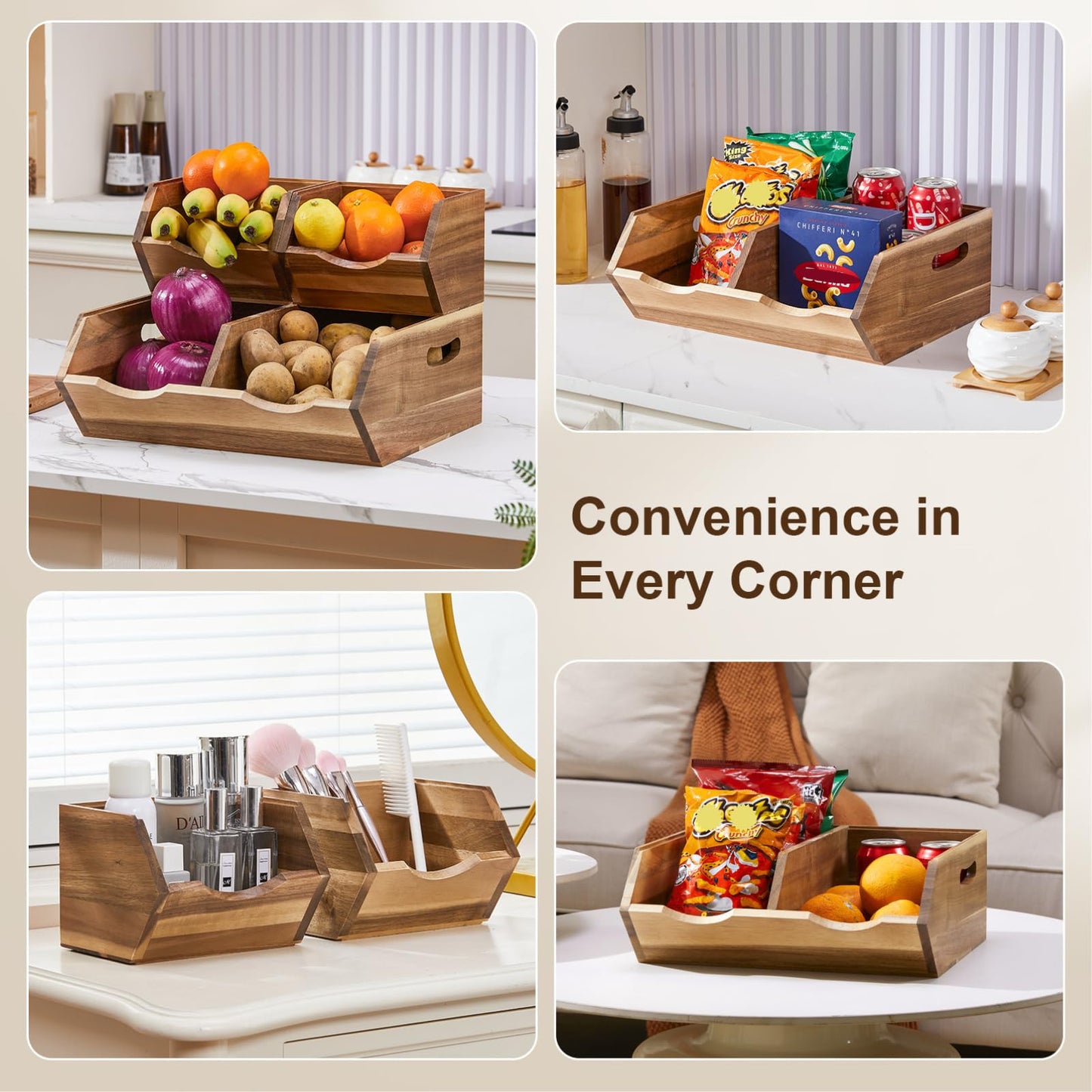 ICOHOT Acacia Wood Pantry Storage Bins, Stackable Storage Baskets Potato and Onion Storage Bins, Pantry Organizer Wooden Baskets Organization and Storage, Set 3 Pieces