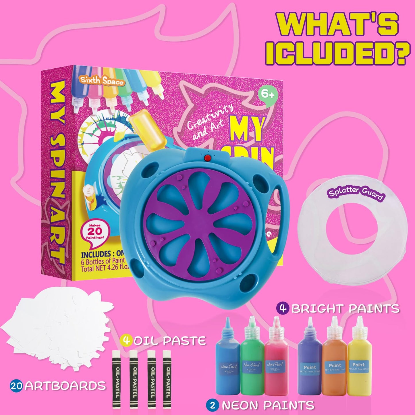 Sixth Space Spin Art Machine with Adjustable Speed for Kids Ages 6+, Arts&Crafts Paint Spinner Toys with Thicker Splatter Guard, Origami Artwork, Kids Crafts Kits, Gift for Boys Girls Adults