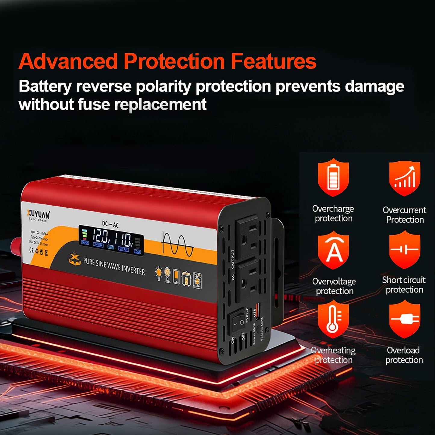 500W Pure Sine Wave Inverter, 12V/24V Auto-Detect, 50Hz/60Hz Switchable, LCD Display, Type-C Fast Charging, Silent Design, Overload & Overheat Protection for RV, Home