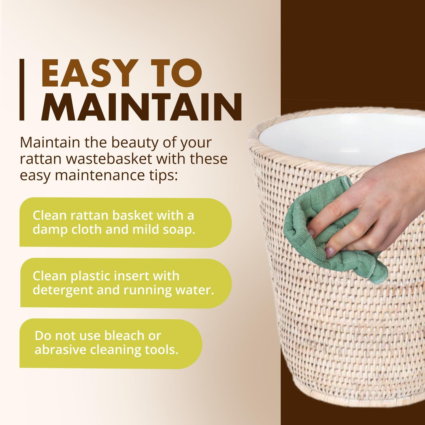 KOUBOO La Jolla Rattan Wastebasket with Plastic Insert, Handmade, Trash Can, Small Wastebasket, Bedroom, Bathroom, Vanity, RV, Dorm, White Wash