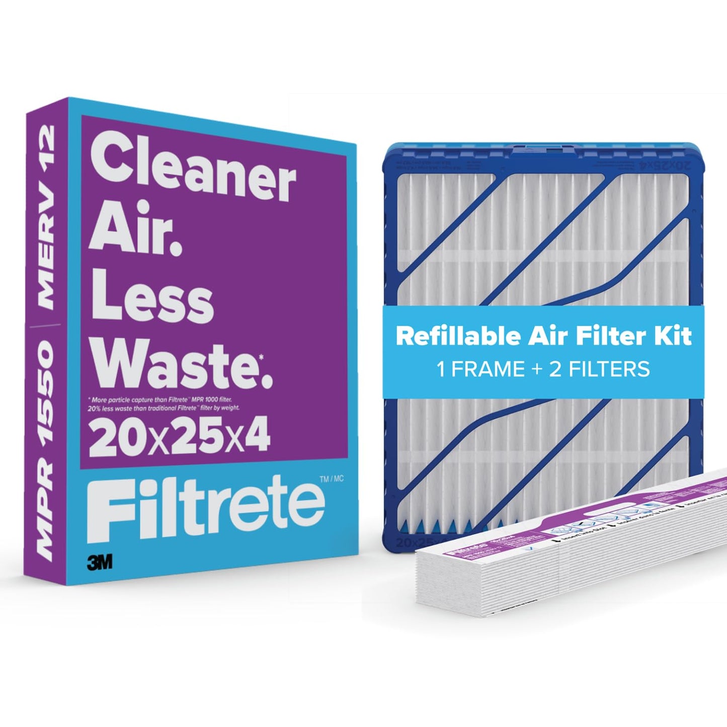 Filtrete 20x25x4 Refillable Air Filter Starter Kit, MPR 1550, MERV 12, 1 Reusable Air Filter Frame & 2 Air Filters, Fits Honeywell & Lennox, Allergen Bacteria & Virus, Actual size 19.88 x 24.62 x 4.25