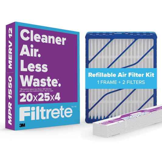 Filtrete 20x25x4 Refillable Air Filter Starter Kit, MPR 1550, MERV 12, 1 Reusable Air Filter Frame & 2 Air Filters, Fits Honeywell & Lennox, Allergen Bacteria & Virus, Actual size 19.88 x 24.62 x 4.25