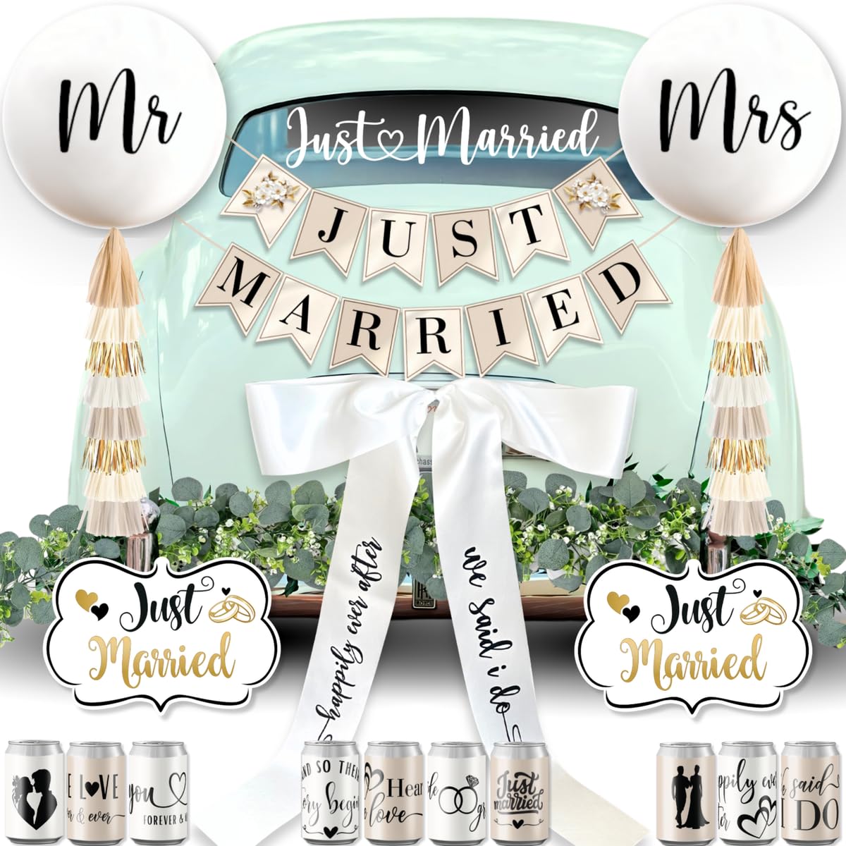 33 Pc Just Married Car Decorations – Wedding Reception & Ceremony Decor – Banners, Stickers & Balloons – Elegant Reusable Wedding Car Kit – Weather-Resistant & Easy to Apply – No Residue