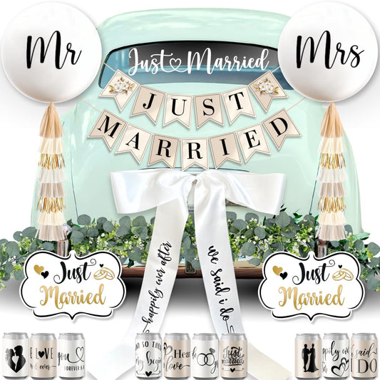 33 Pc Just Married Car Decorations – Wedding Reception & Ceremony Decor – Banners, Stickers & Balloons – Elegant Reusable Wedding Car Kit – Weather-Resistant & Easy to Apply – No Residue