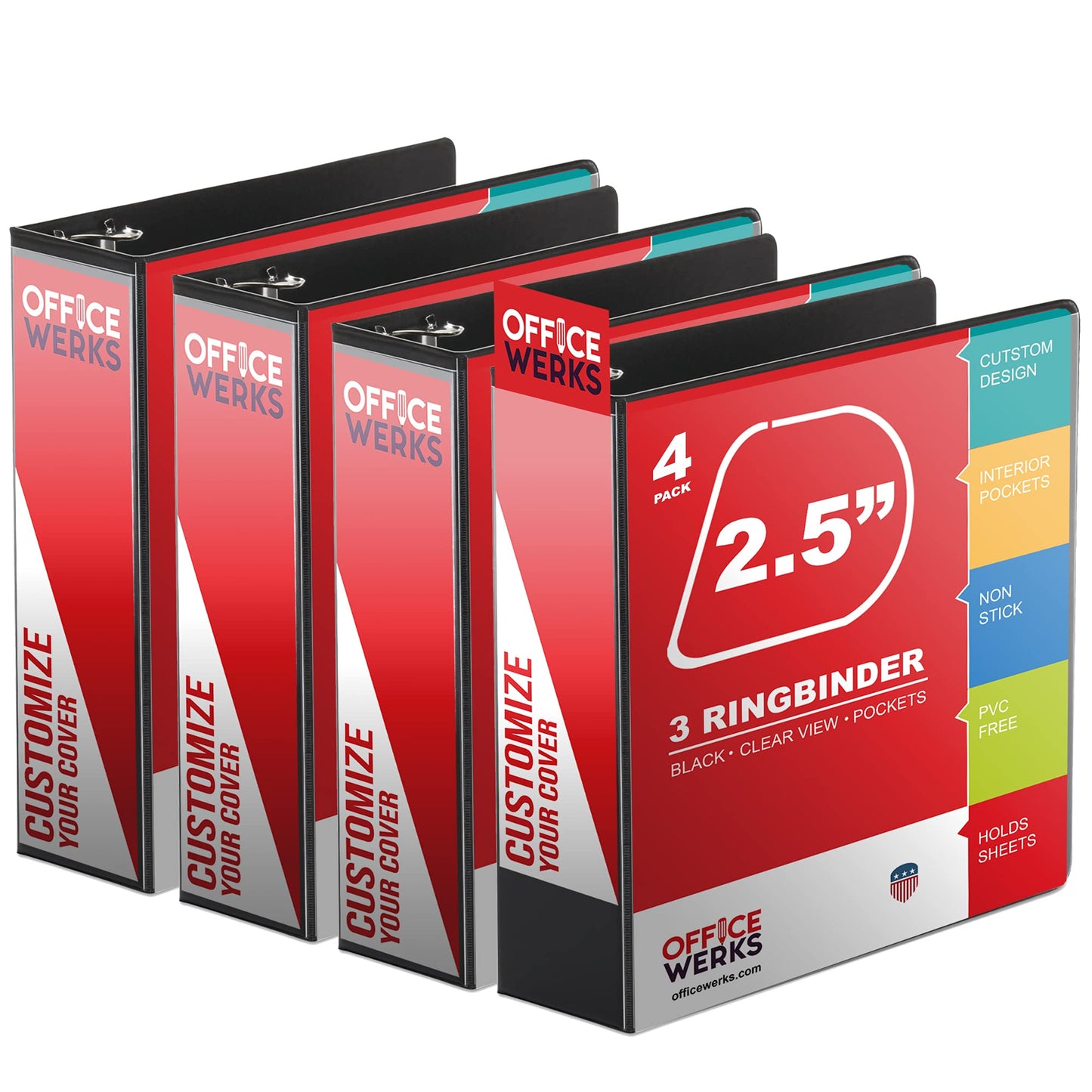 Performore 3 Ring Binder, Professional Angle D 2.5 Inch, Presentation Folder for Standard Pages 8.5 x 11 with Pockets, Crystal Clear View Black Binder (4 Pack)