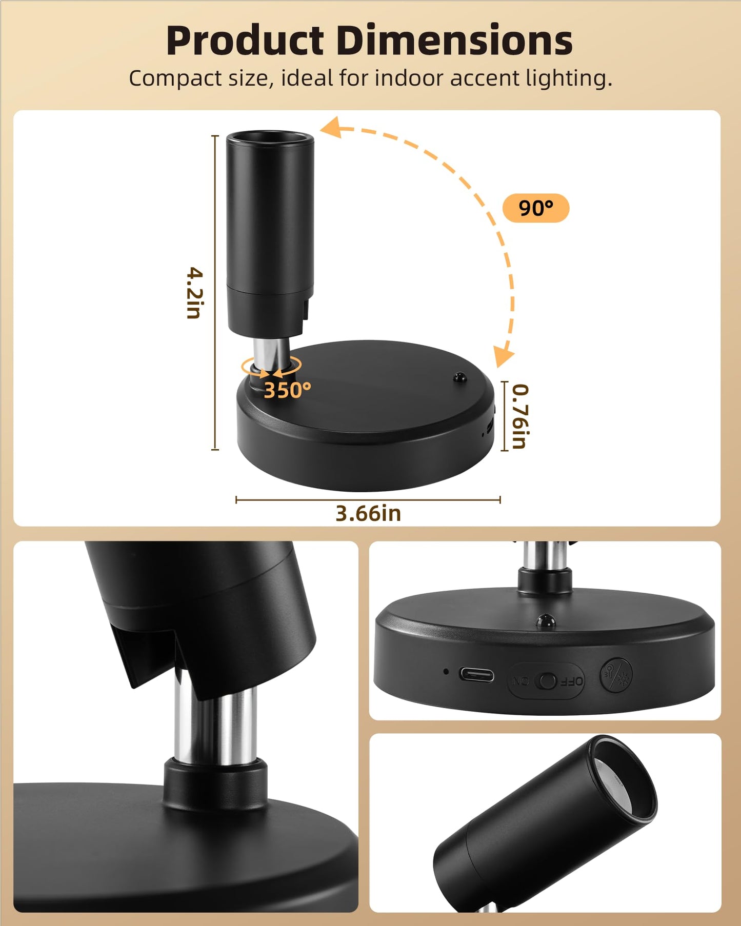 EZVALO Spotlights Indoor with Remote, 5500mAh Rechargeable Picture Lights, Wireless LED Uplighting with Timer & Dimmable, 3-CCT, Mini Plant Spot Lights for Painting, Artwork (4-Pack-Black)