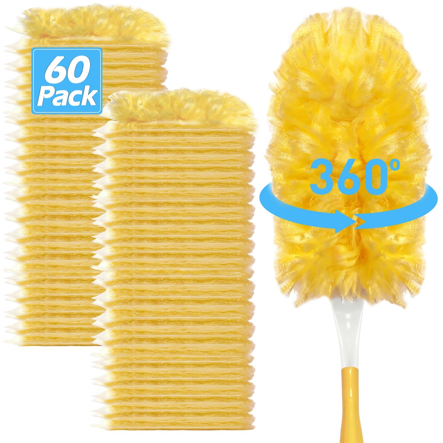 EKACO Heavy Duty Duster Refills for Swiffer Duster (60 Count) | 360° Unscented Disposable Multisurface Dusters with 1 Handle- for Home, Blinds, Fans & Corners, Yellow