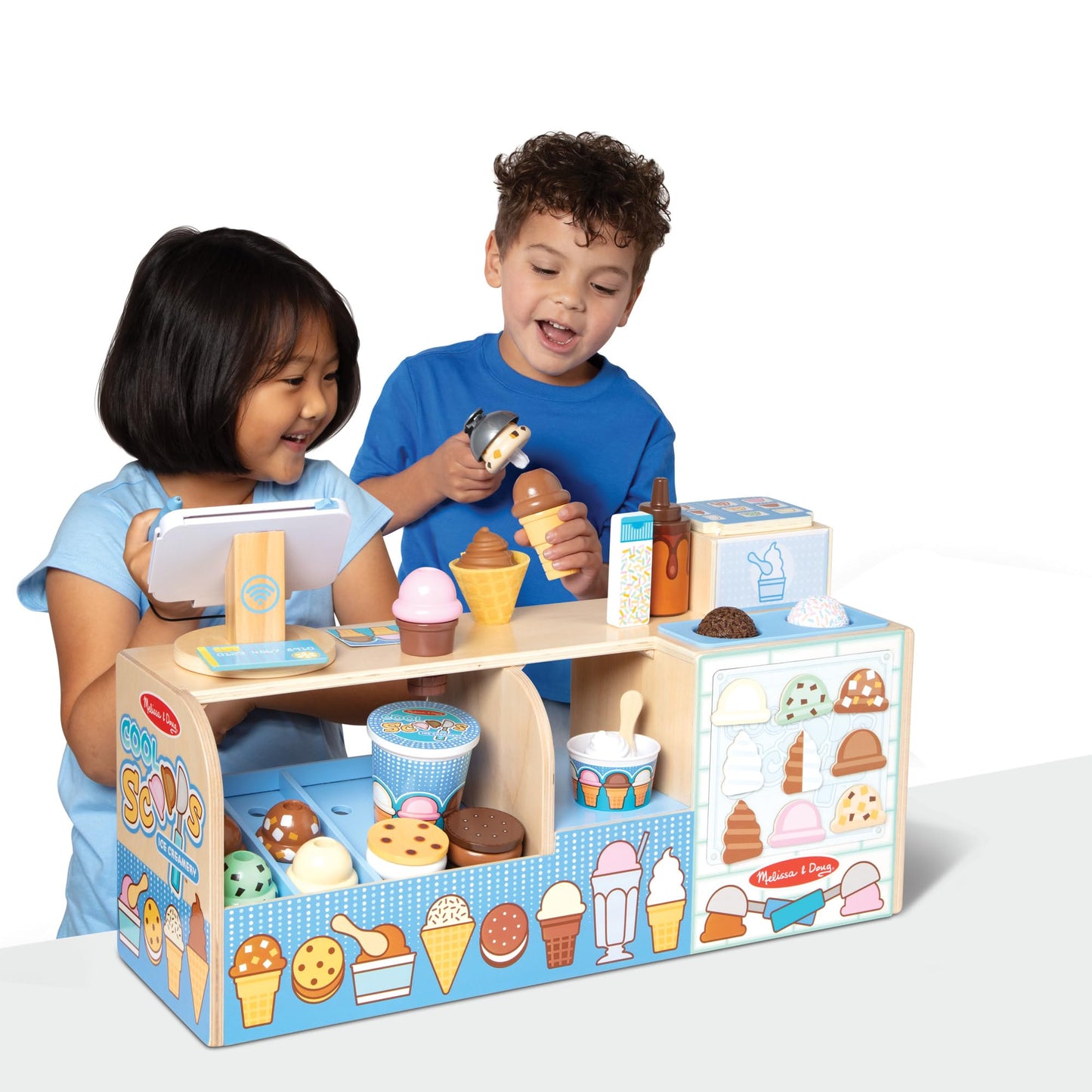 Melissa & Doug Cool Scoops Ice Creamery Wooden Counter with Play Food Preschool Toy - FSC CertifiedWooden Pretend Play Frozen Treats for Toddlers, Preschoolers, Boys and Girls