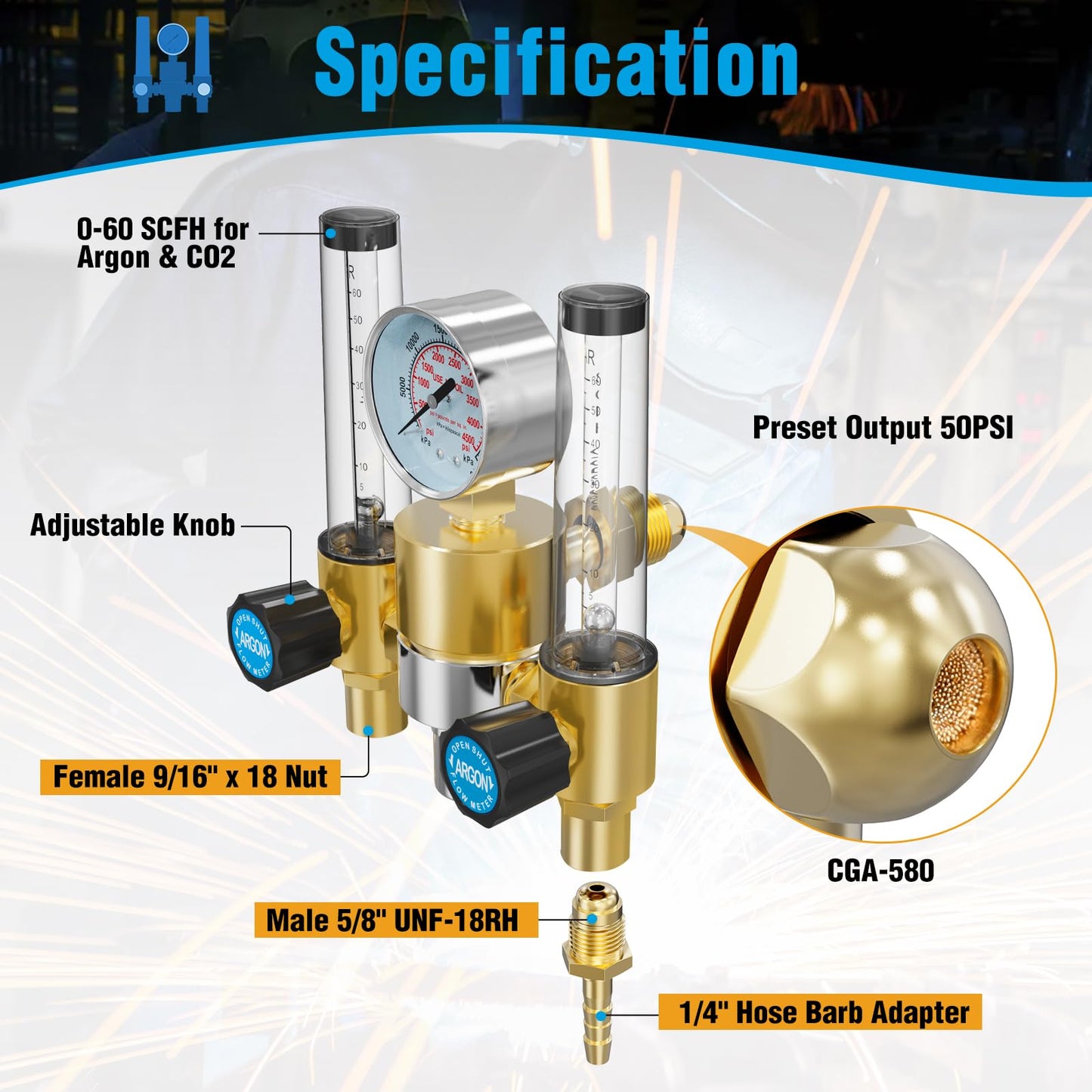 BETOOLL Dual Output Argon Regulator - MIG/TIG Flow Meter Gas Gauge with 2PCS 6.6 Feet Hoses, 0-60 SCFH, 0-4500 PSI, CGA580 Inlet Connection for Argon/CO2