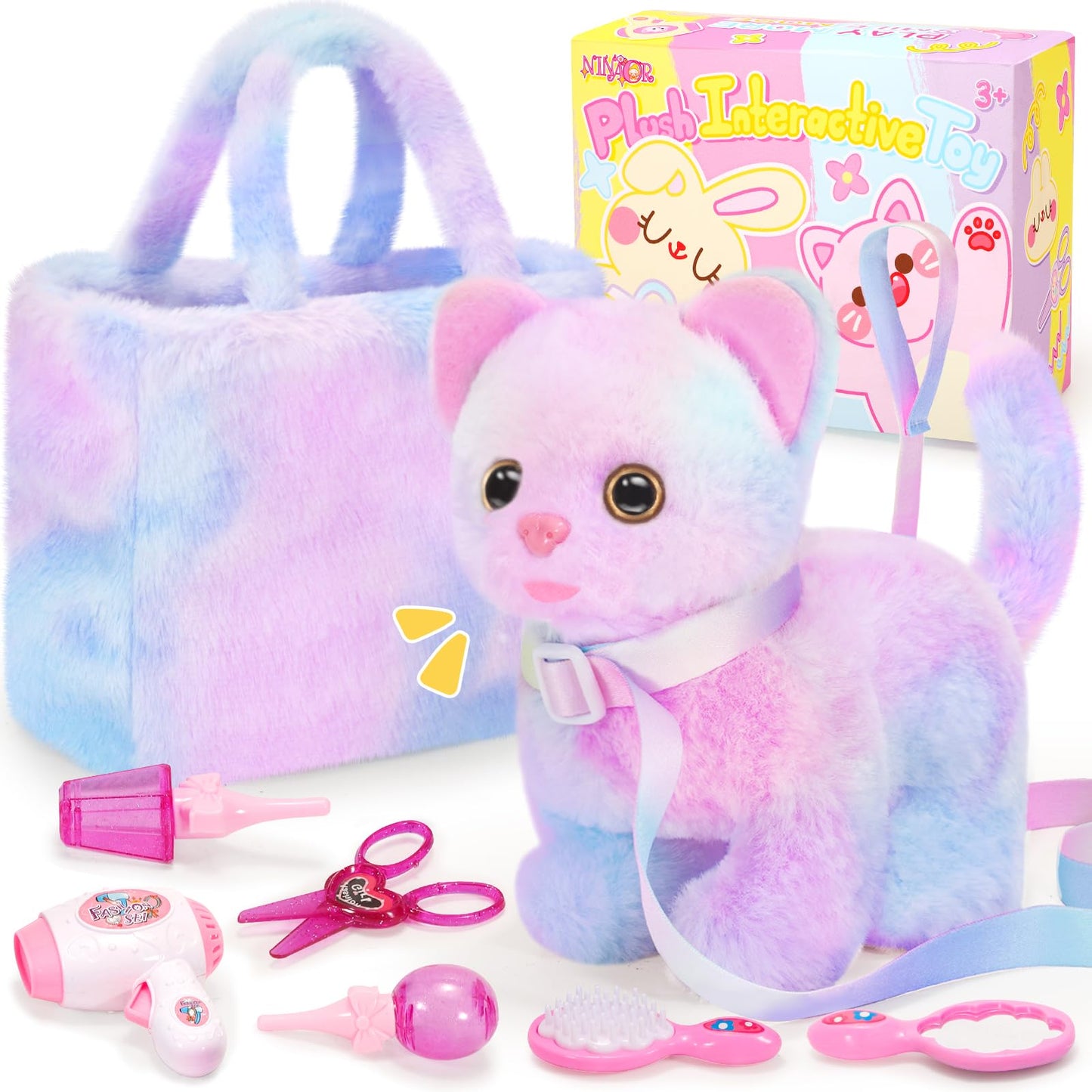 NINAOR Plush Toys for Kids Pretend Play with Crossbody Bags, Interactive Cow Stuffed Animals Pet Care Plushies Cute Stuff