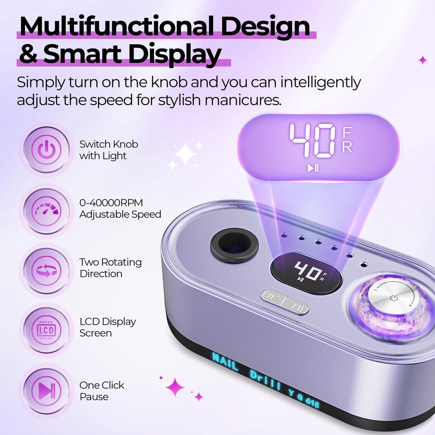 JOSGLOI Electric Nail Drill Professional: 40000RPM Electric Nail File Kit E File Nail Drill Machine with LCD Display for Acrylic Gel Nail, Manicure Pedicure Polishing Nail Grinder for Salon Home Use