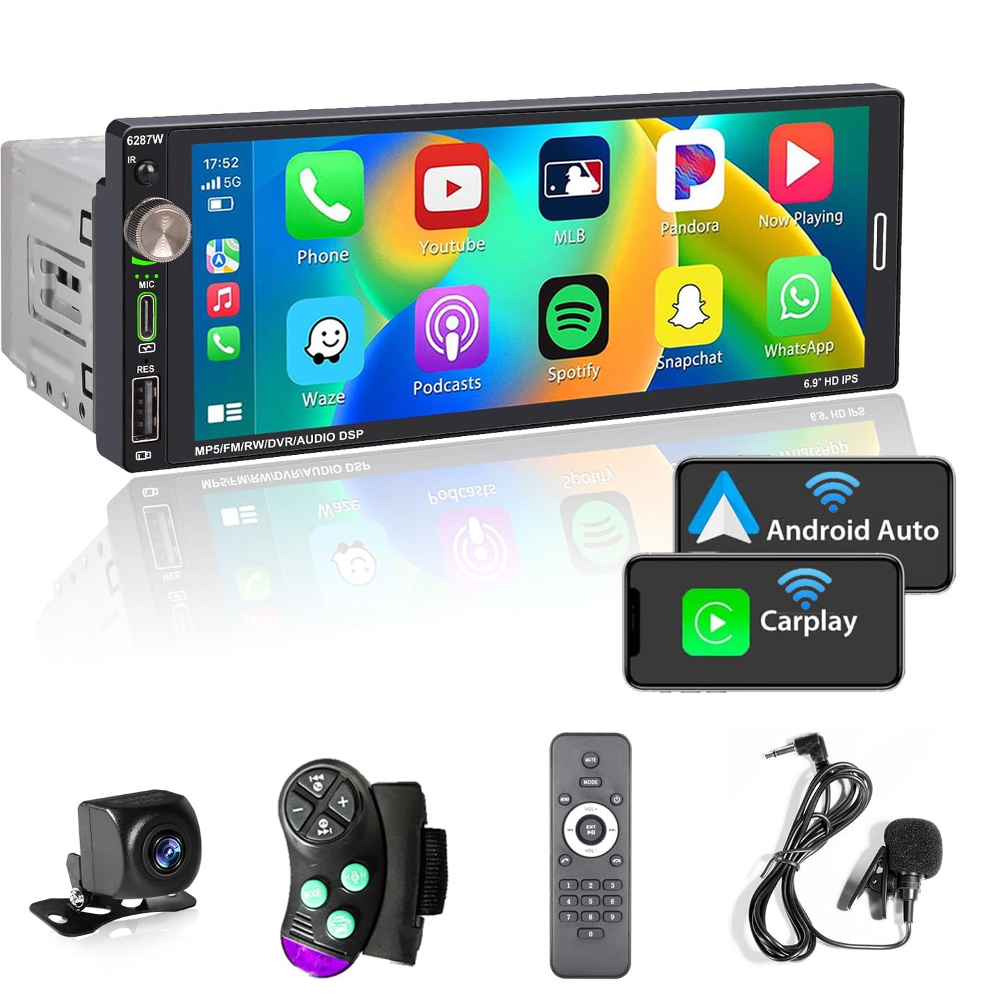 Alondy Single Din Car Touchscreen Radio (6.9-inch) Compatible with [Wireless] Apple CarPlay Android Auto Car Stereo Bluetooth USB (2.1A Type-C Fast Charge) Backup Camera RCA