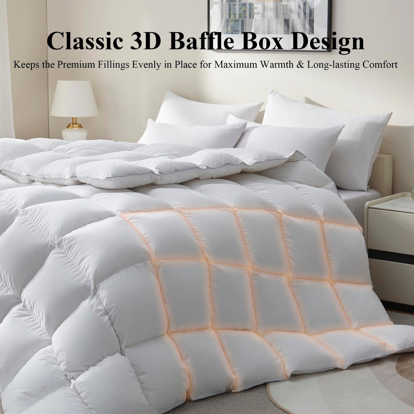 Ubauba Goose Feather Down Fiber Comforter Queen Size - All Season White Fluffy Duvet Insert - 750+ Fill Power Luxurious Hotel Bedding Comforter - Soft 100% Cotton Cover, Medium Warmth (90x90 Inch)