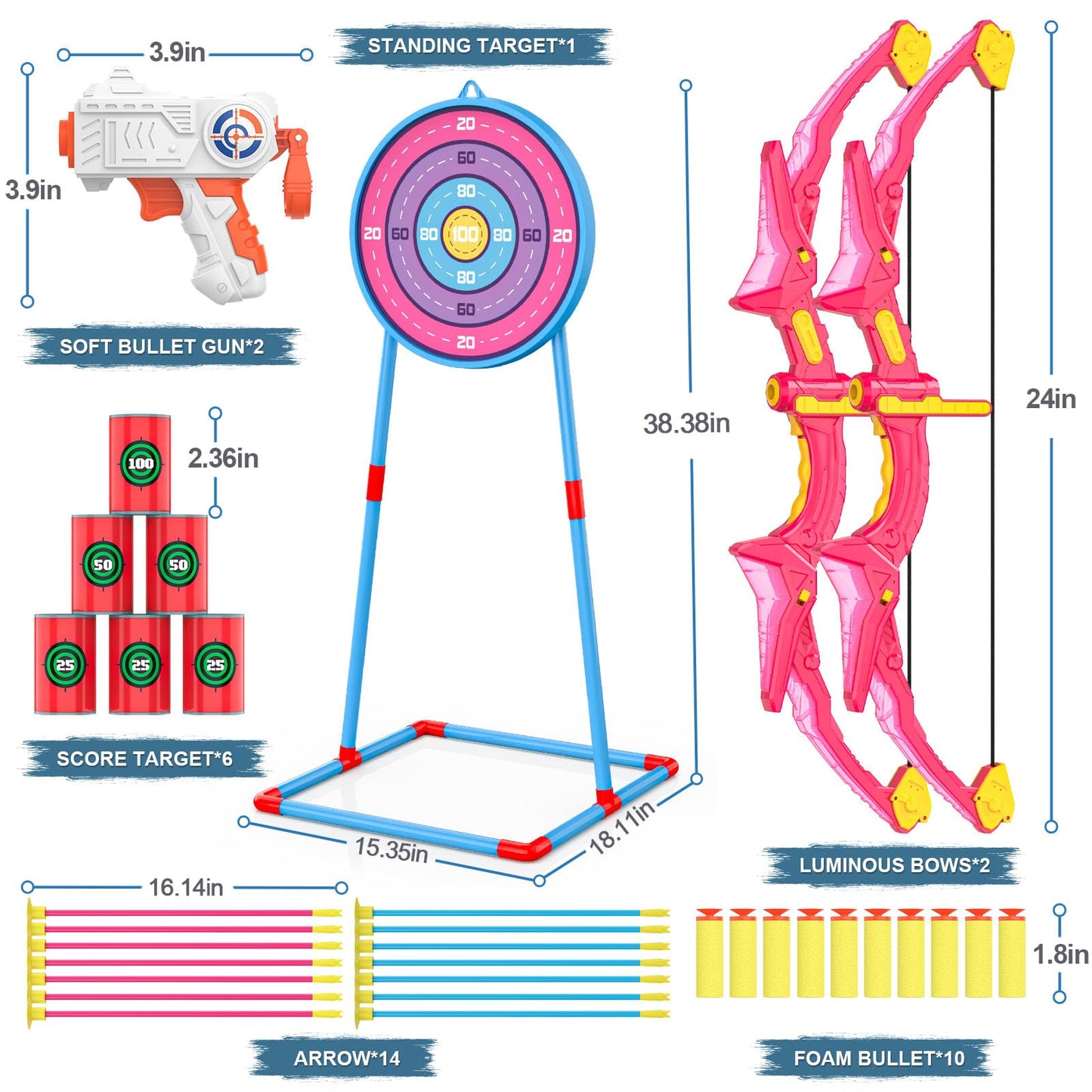 2 Pack Kids Bow and Arrow Set, Pink Light Up Archery Toy Set, 2 Foam Dart Blaster & 6 Target Cans Toys for Ages 5-7, Kids Indoor Outdoor Birthday Gifts Ideas for Boys Girls 4 5 6 7 8 9 10 Year Old