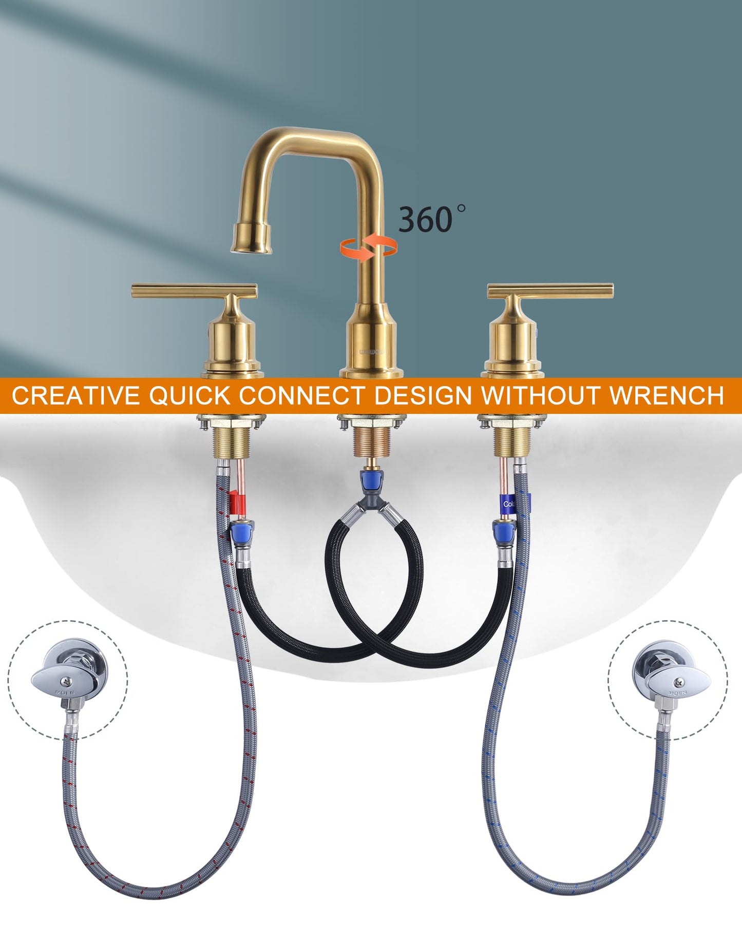 WOWOW Brushed Gold Bathroom Faucet Widespread Bathroom Sink Faucet 2 Handle Lavatory Tap 3 Holes with Drain and Supply Hoses Mordern Basin Taps